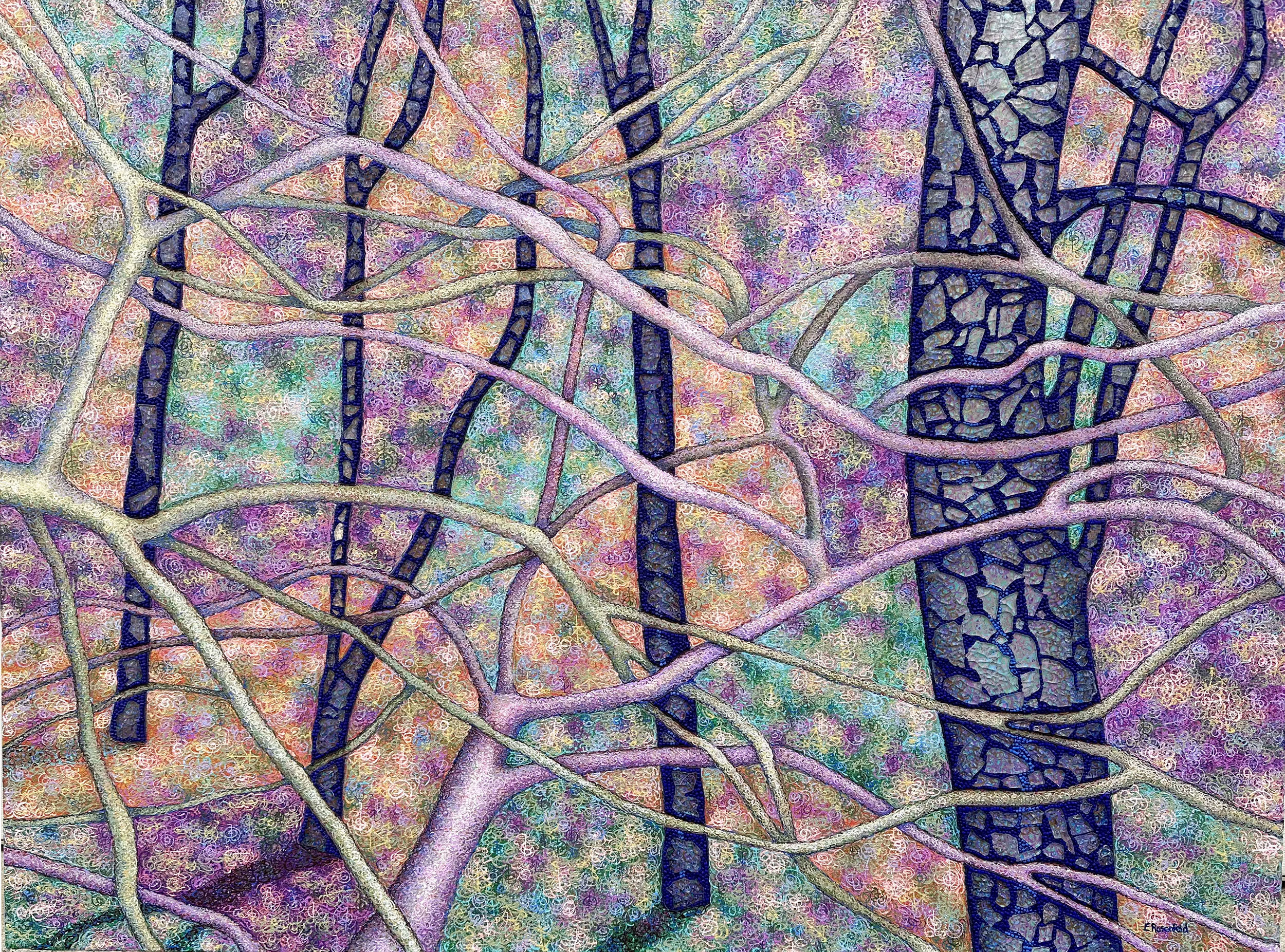 “Life's Tangle 1” acrylic, shattered tempered glass and glass beads on canvas, 36" x 48"