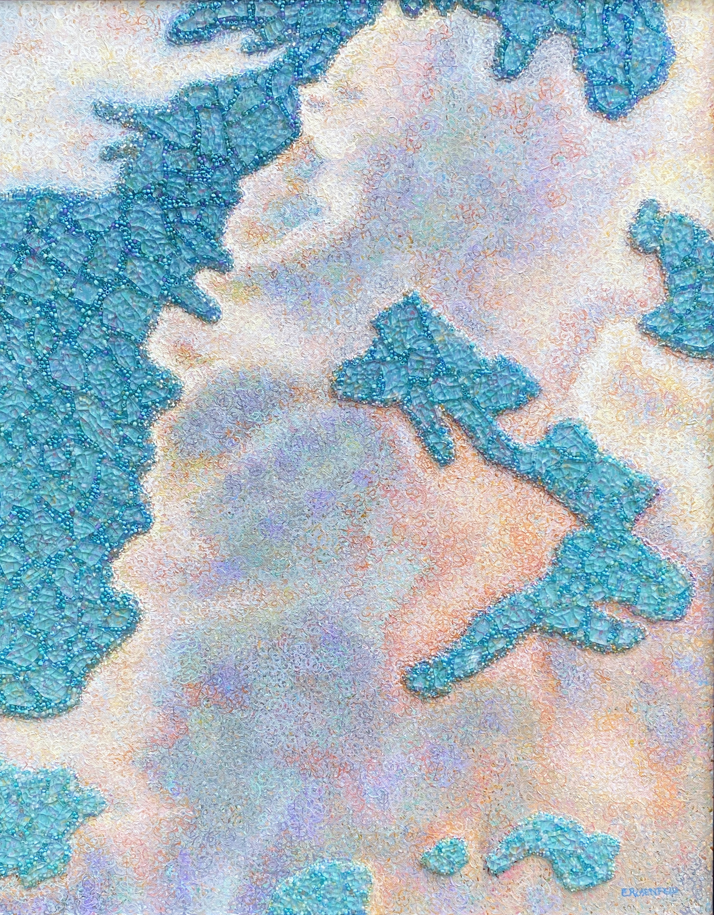 "Both Sides Now 7" acrylic, glass beads and shattered tempered glass on canvas, 22" x 28" 