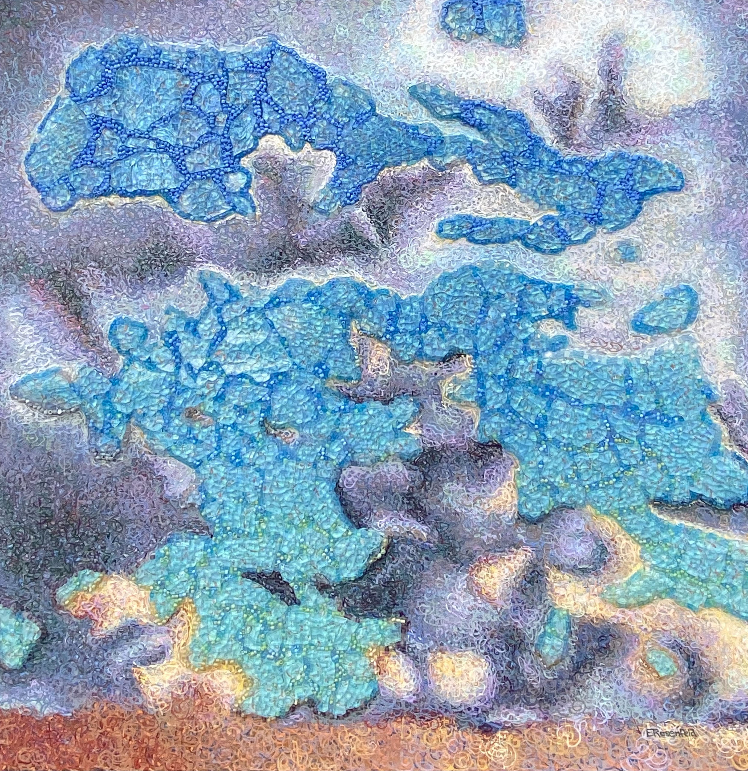 "Both Sides Now 5" acrylic, glass beads, and shattered tempered glass on canvas, 24" x 24" 