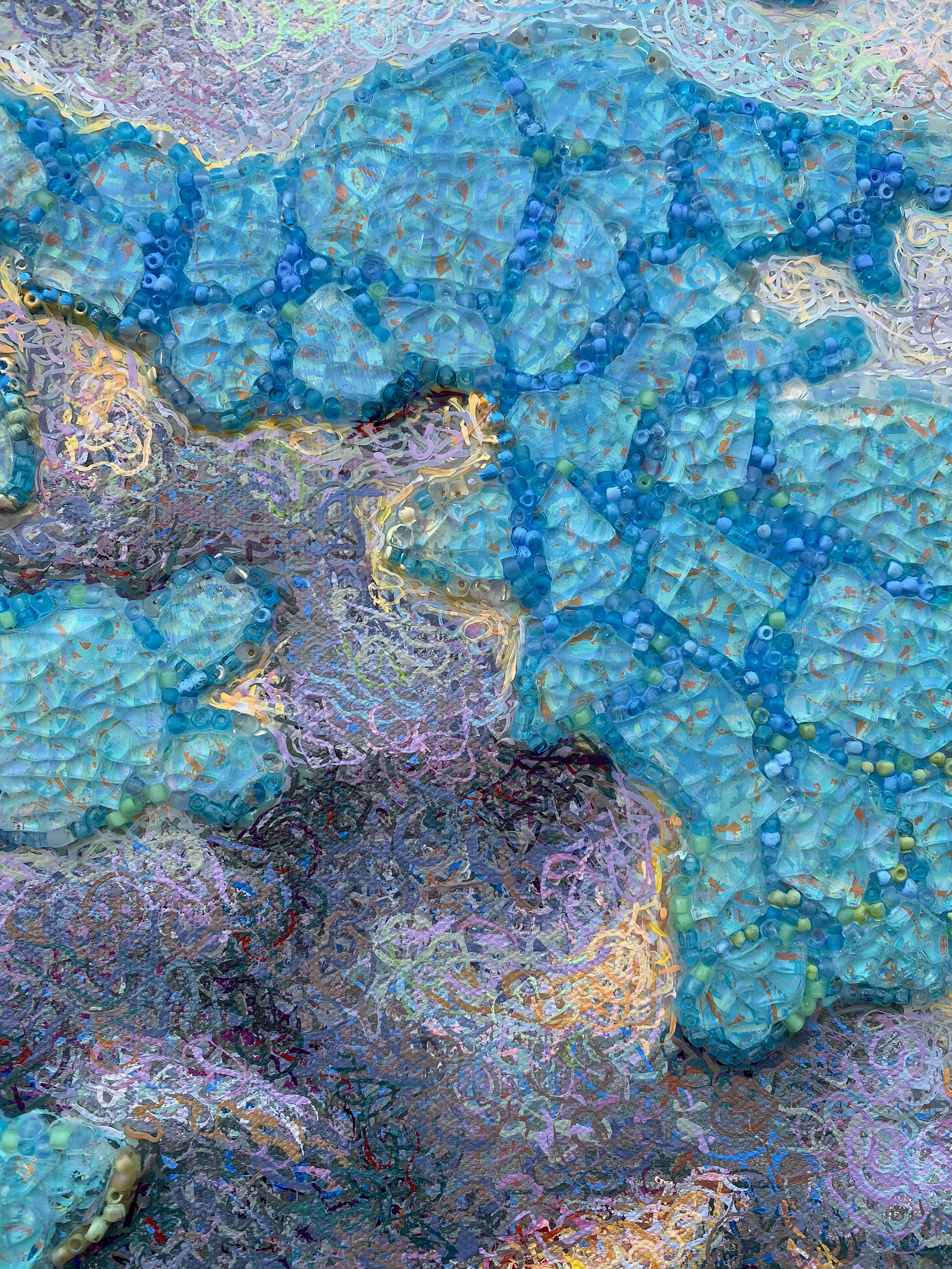 "Both Sides Now 5" (detail) acrylic, glass beads, and shattered tempered glass on canvas, 24" x 24" 