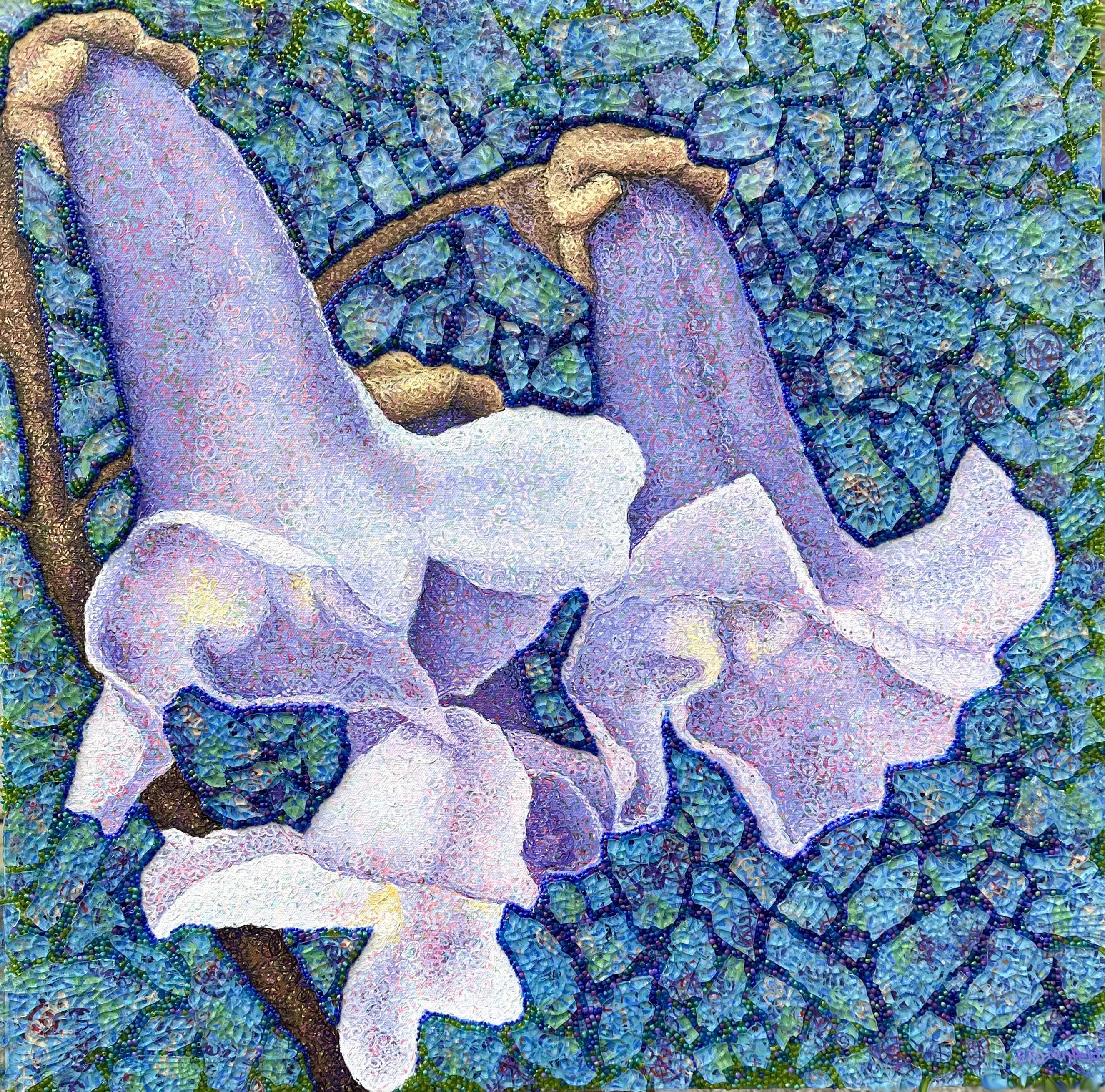 “Family Meeting” acrylic, glass beads, shattered tempered glass on canvas, 24" x 24"