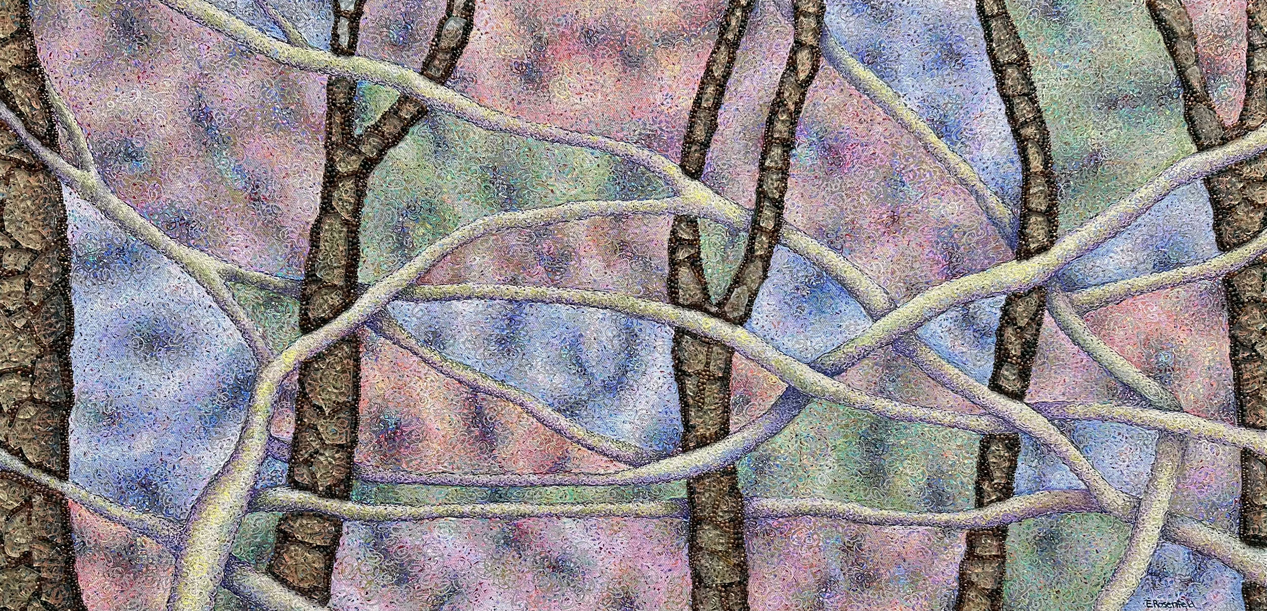 “Life's Tangle #5” acrylic, shattered tempered glass and glass beads on canvas, 18" x 36"