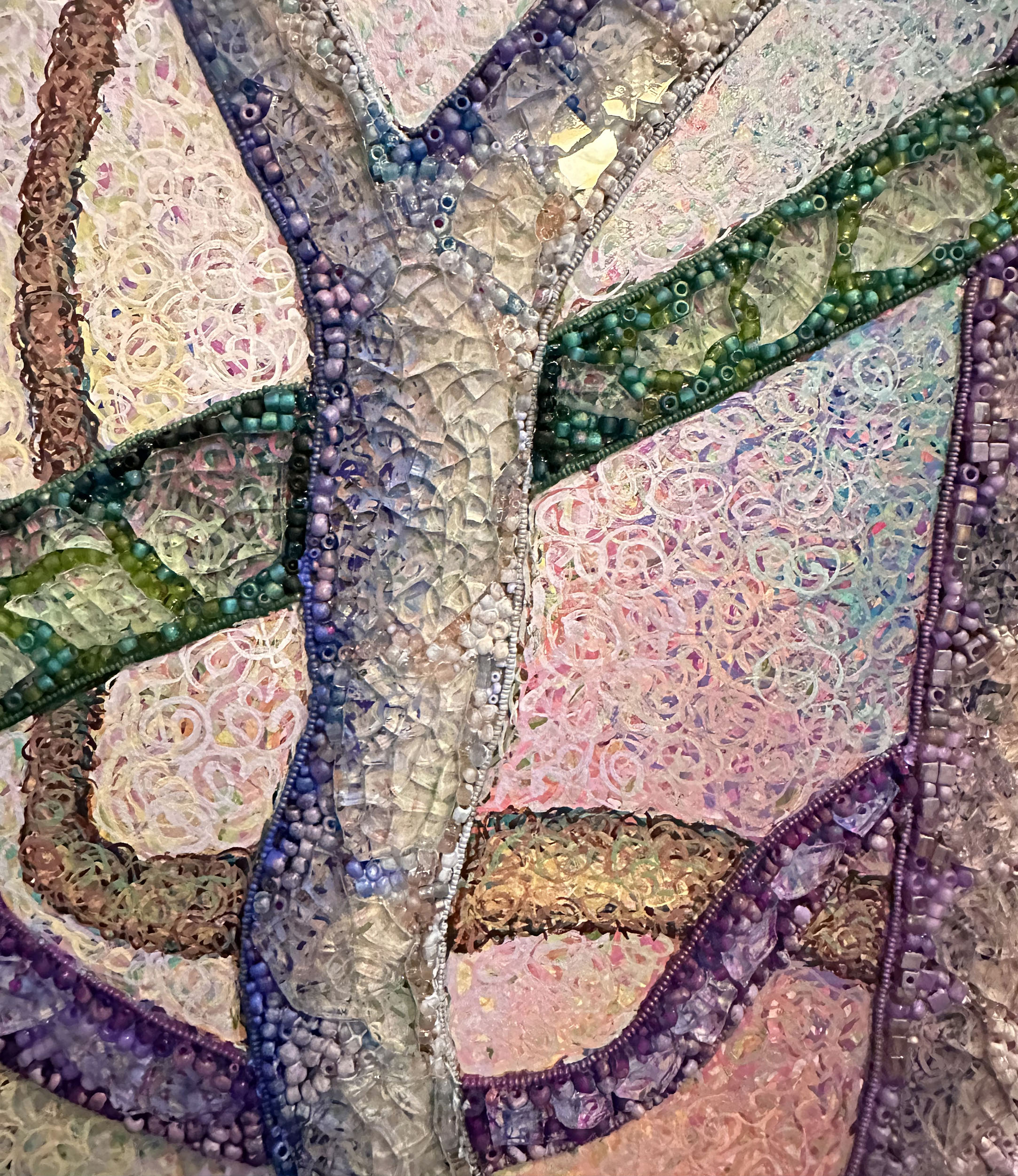 “Life's Tangle 10” (detail), acrylic, shattered tempered glass and glass beads on canvas, 30” x 40”