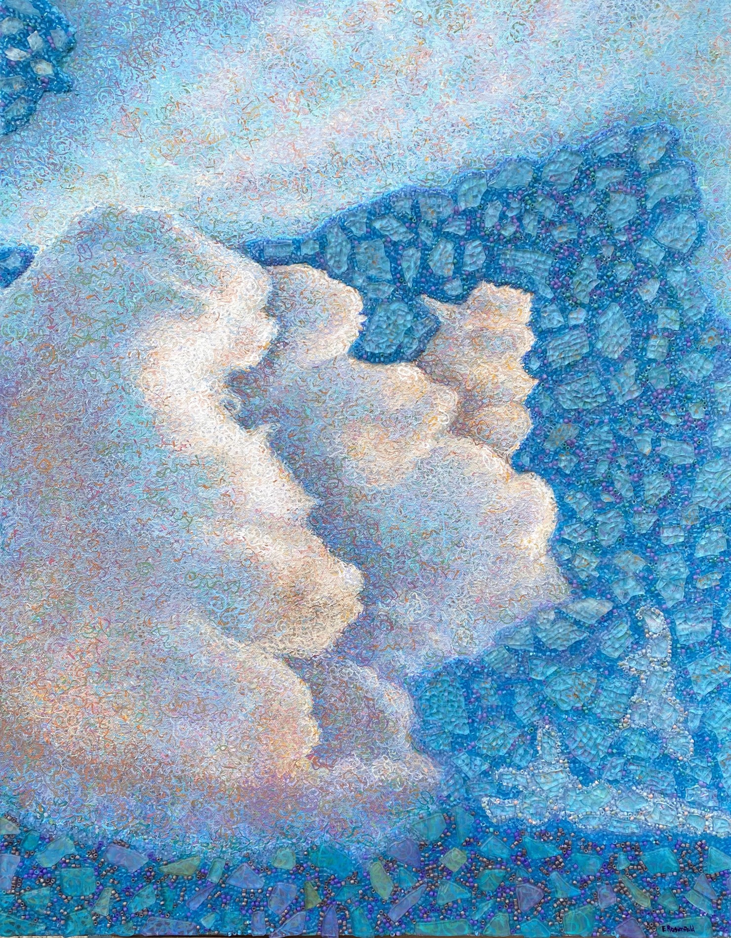 "Both Sides Now 6" acrylic, glass beads, shattered tempered glass on canvas, 22" x 28" 