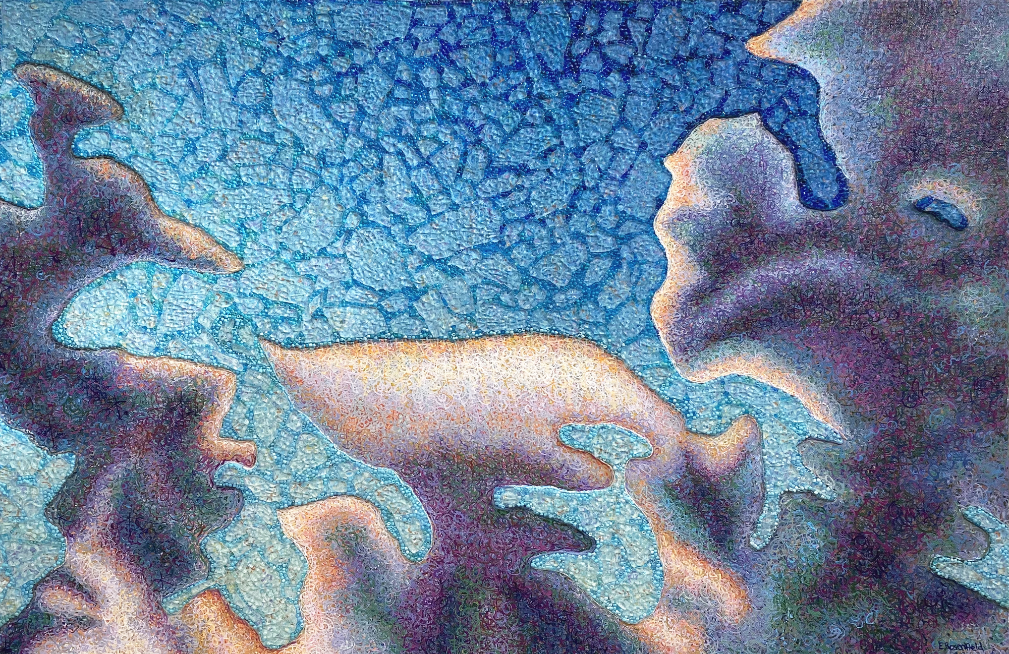 "Both Sides Now 3" acrylic, glass beads, shattered tempered glass on canvas, 24" x 34" 