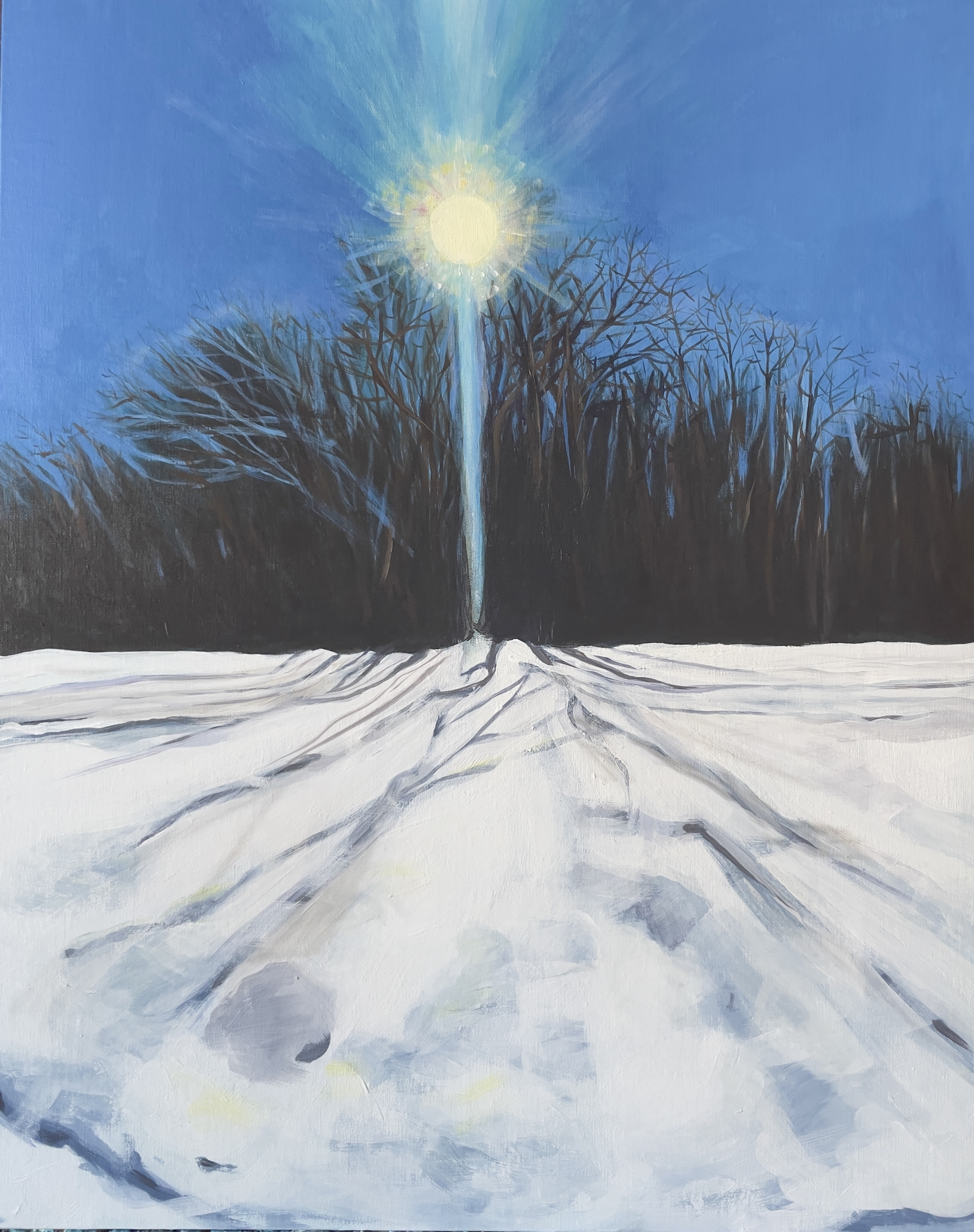 “Swirling Snow and Sun” 2024, Acrylic and pastel on panel, 20" x 16"