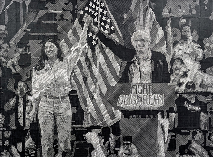 "AOC and Bernie Fight the Oligarchy"  2025, collage material from photograph by Rebecca Noble/Reuters, “Bernie Sanders and Alexandria Ocasio-Cortez Fight the Oligarchy,” The New Yorker, Mar. 25, 2025; Browning, Kellen, “Bernie Sanders and AOC Inject New An