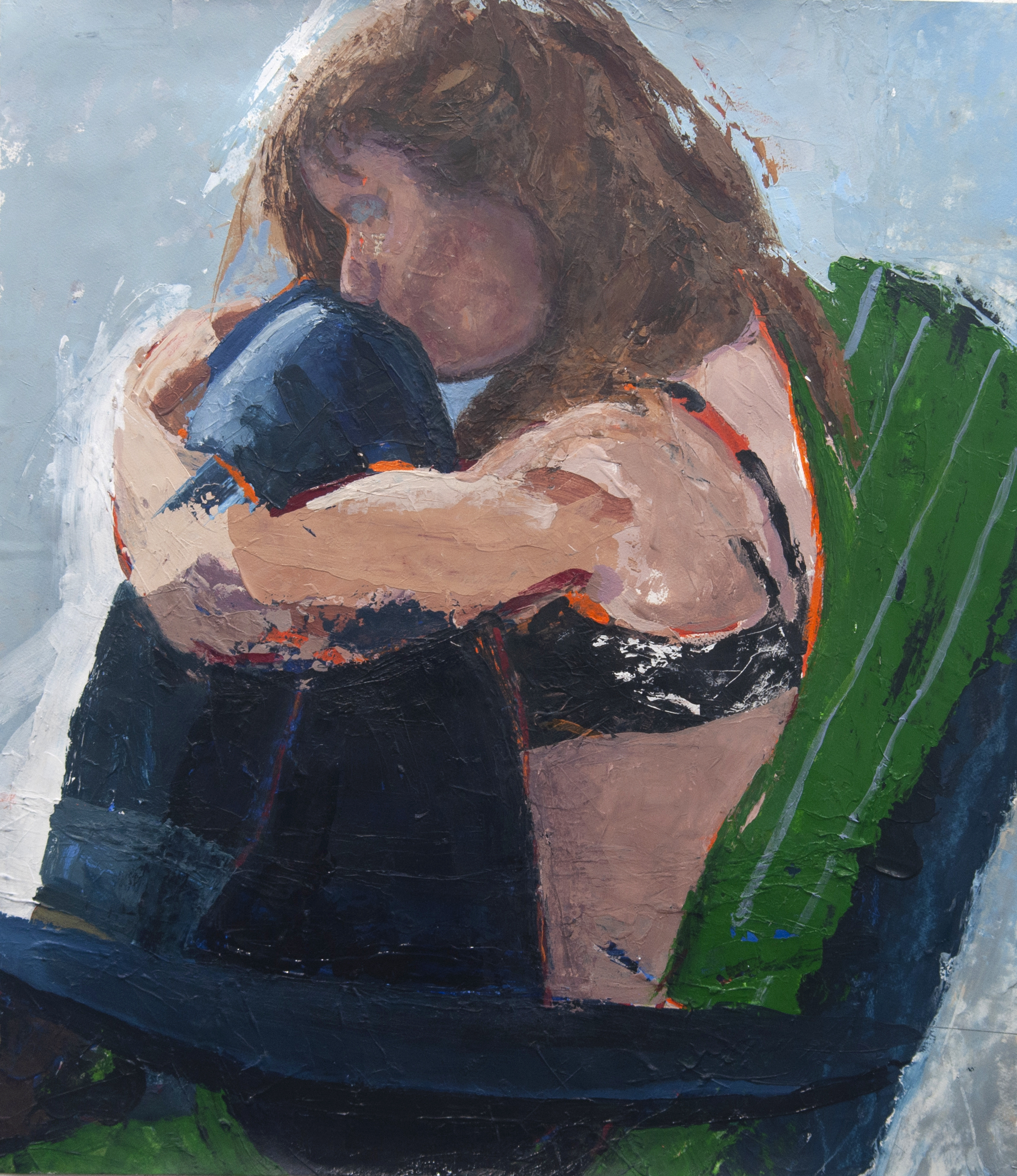 "Hug" 2024, pencil, ink, gesso, acrylic, varnish, and collage on paper, 30" x 26"