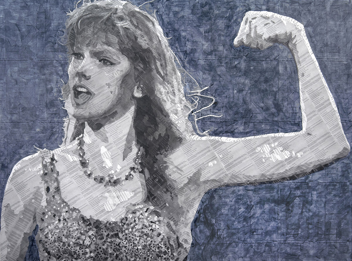 "Rock the Vote" 2024, Collage material from NYS Voter Registration Forms; NYC Voter Registration Guide, League of Women Voters of the City of New York; mixed media; acrylic and pencil on paper, 36" x 48"