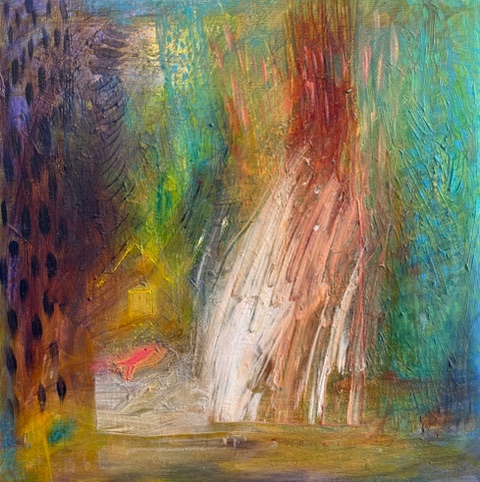 “Red Bird Paying Attention” oil on prepared paper on panel, 12” x 12” 