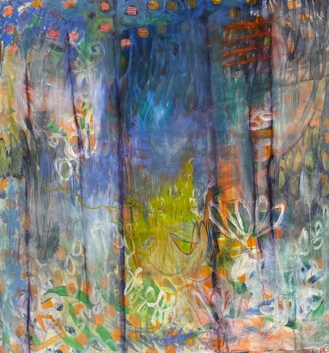 "Mourning Dove Makes a Visit" mixed media on prepared Arches, 48" x 54"