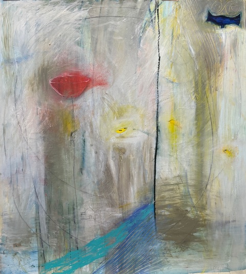 "Goldfinches in the Garden" mixed media on prepared Arches, 42" x 48"  