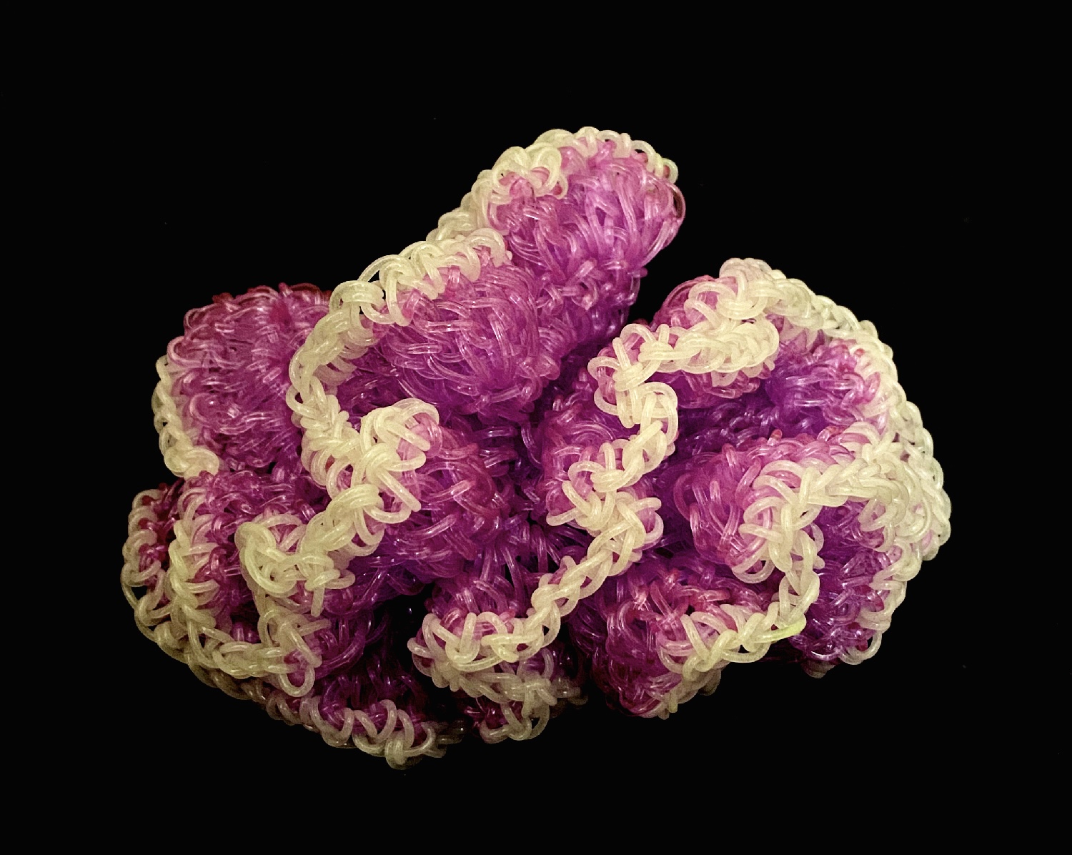 "Lettuce Coral (agaricia agaricites)" by Kathleen Greco, Vinyl Jelly yarn, 4 x 6" 2023 