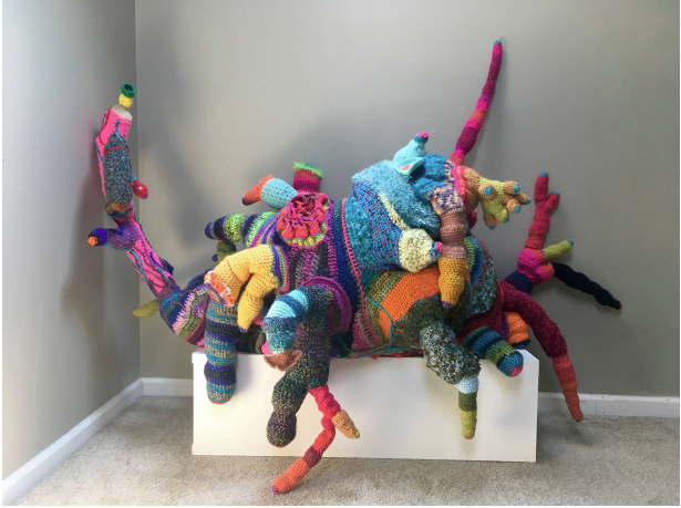 "Bio2" by Rachel Blythe Udell, yarn & fiberfill, 41 x 42 x 25", 2024