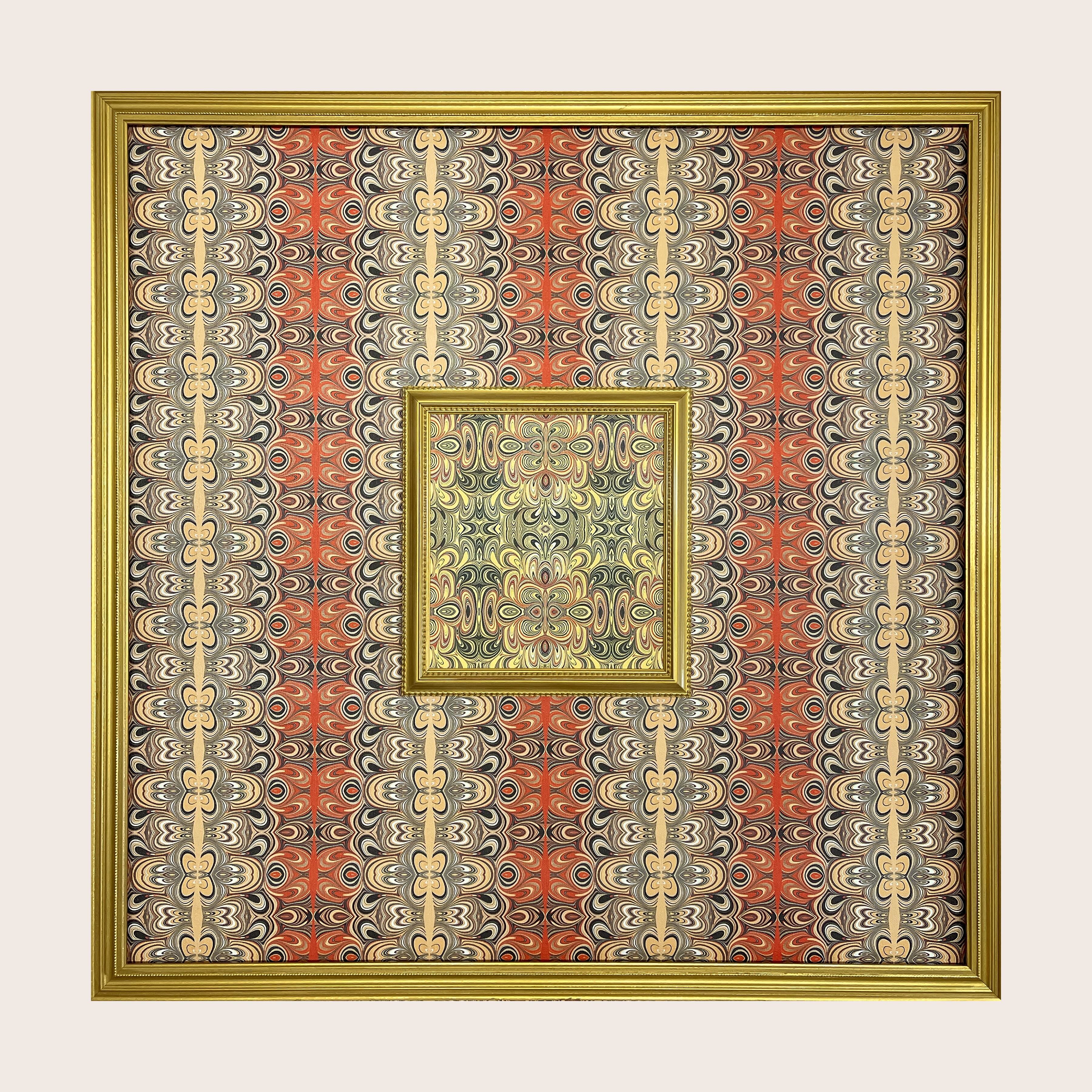 "Room with a View (Gilded)" by Leslie Grossman, Wallpaper framed within framed wallpaper, 30 x 30", 2024 
