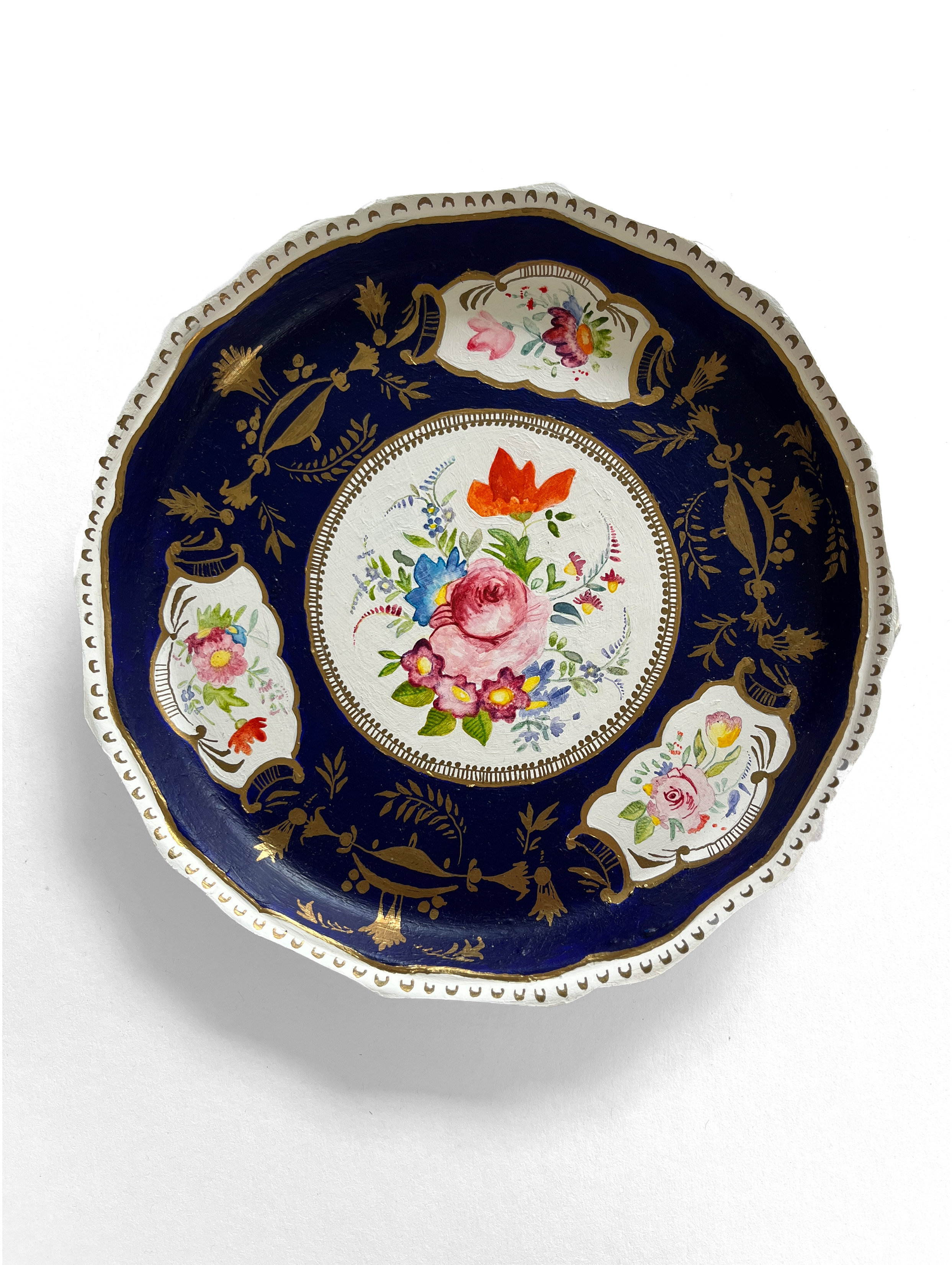 " Private Collection: Derby Porcelain Factory, Plate I" by Elizabeth Hamilton, paper plate, watercolor, acrylic, 9.5 x 9.5 x 1", 2020