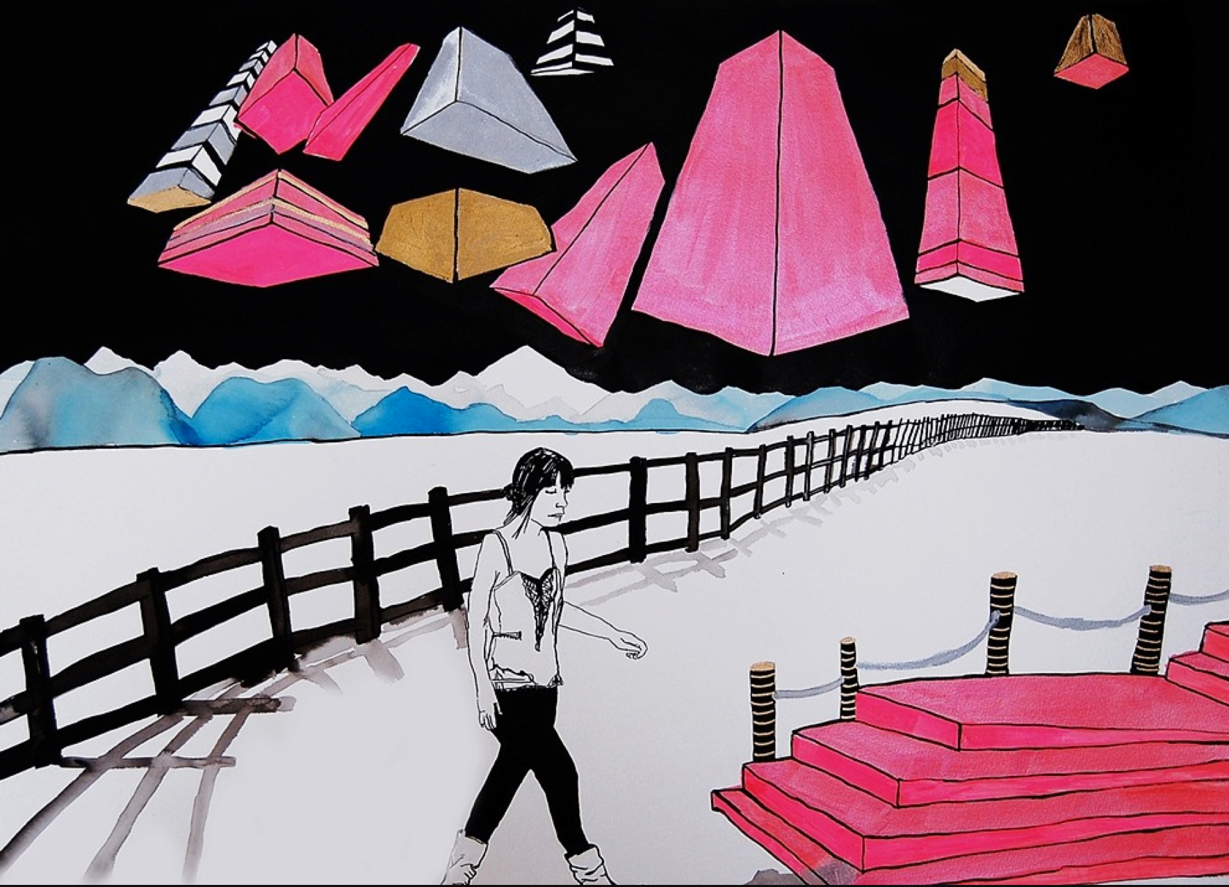 "Perspective Dreams" Gouache and ink on paper, 22“ x 30”