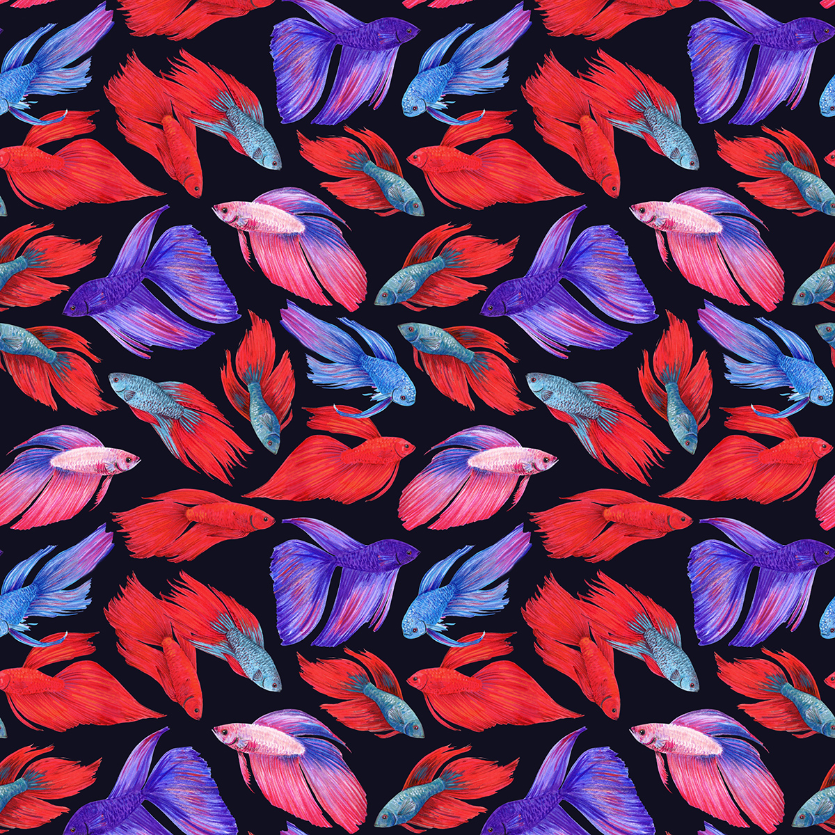 “Betta Fish Pattern” 2025, illustration, watercolor and colored pencil on paper, 8” x 8”