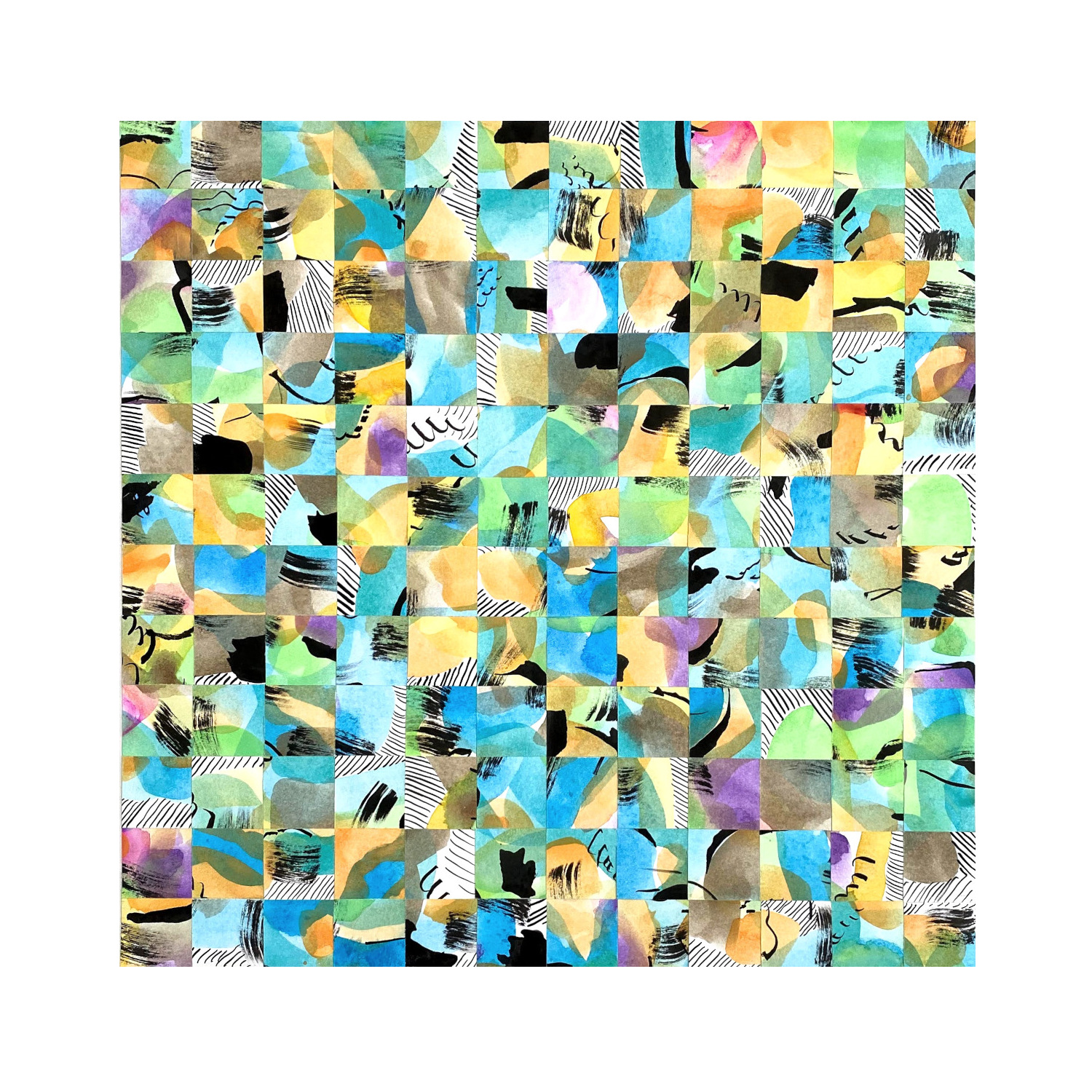 “Divided Lines 67: When Birds Wake” 2020, collaged painting, watercolor and ink on paper, 16” x 16” 