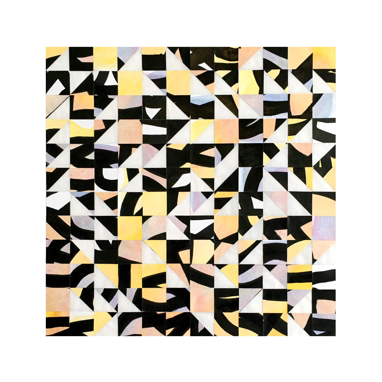 “Divided Lines 66: Wild Geese 2” 2020, collaged painting, watercolor and ink on paper, 16” x 16” 