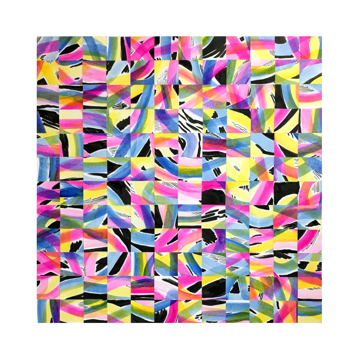 “Divided Lines 59” 2020, collaged painting, watercolor and ink on paper, 16” x 16” 