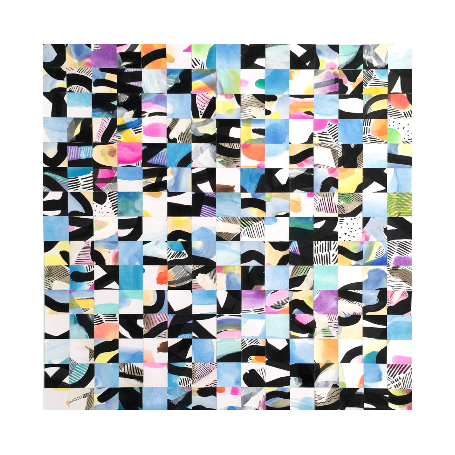 “Divided Lines 61: All At Once 2” 2020, collaged painting, watercolor and ink on paper, 16” x 16” 