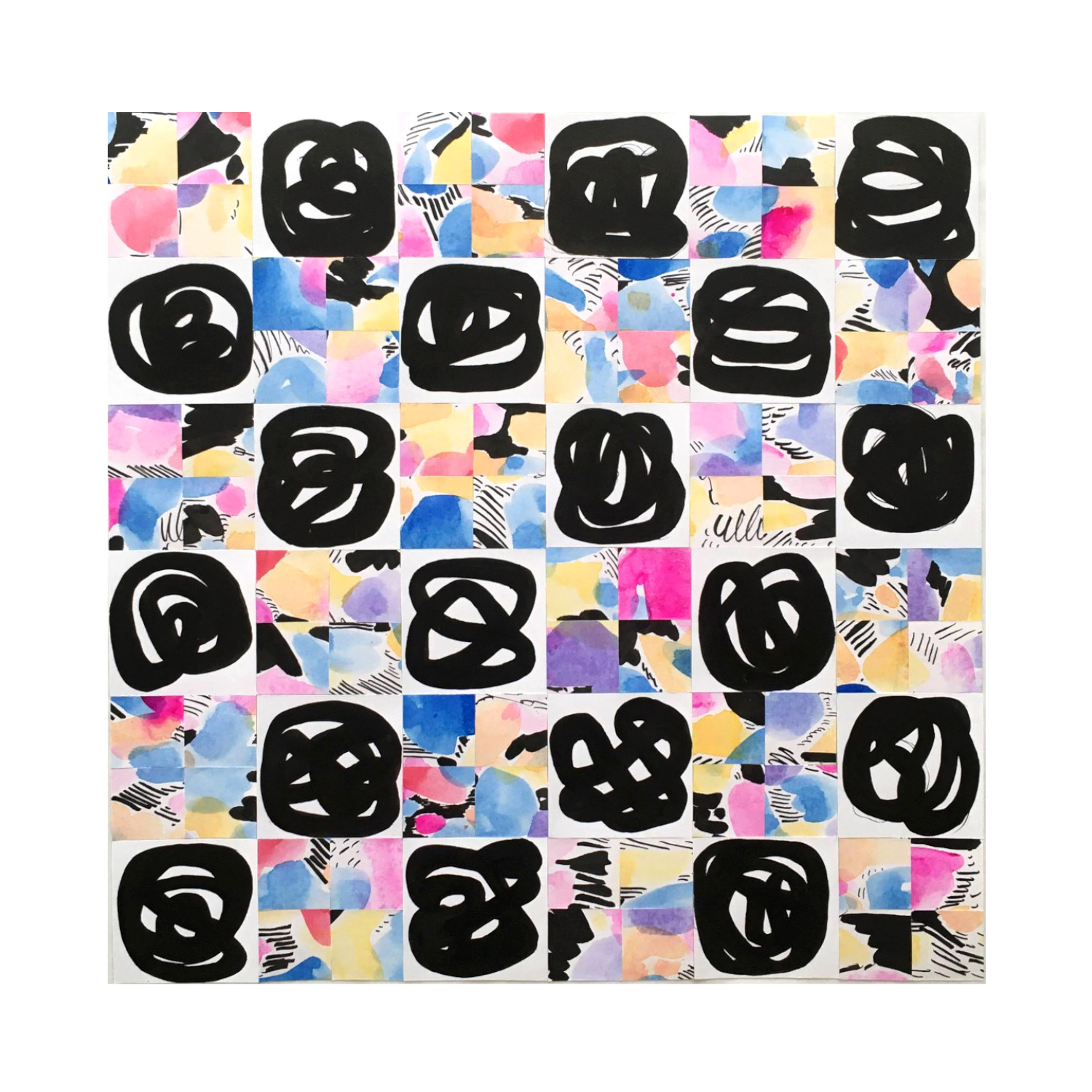 “Divided Lines 64” 2020, collaged painting, watercolor and ink on paper, 16” x 16” 