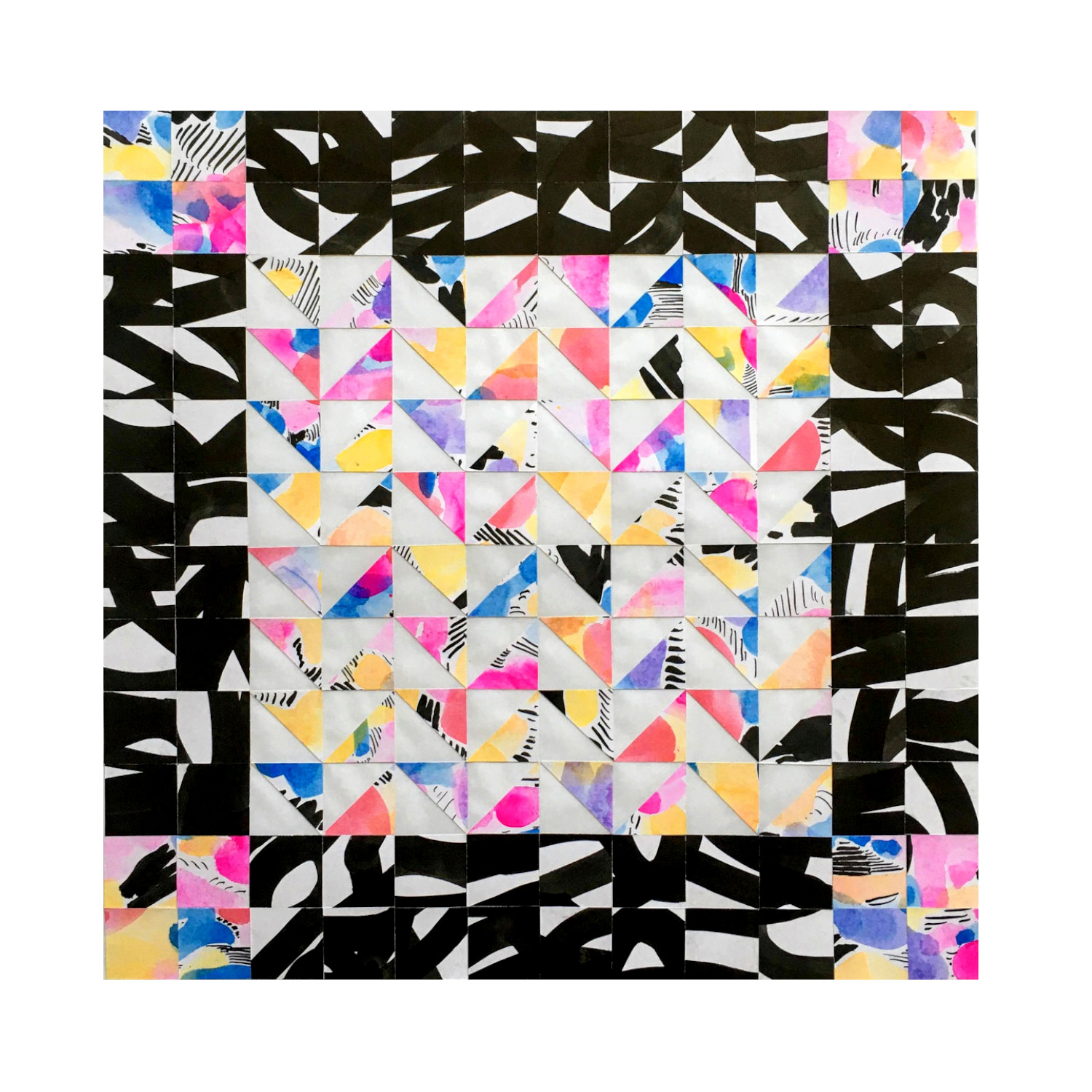 “Divided Lines 63” 2020, collaged painting, watercolor and ink on paper, 16” x 16”