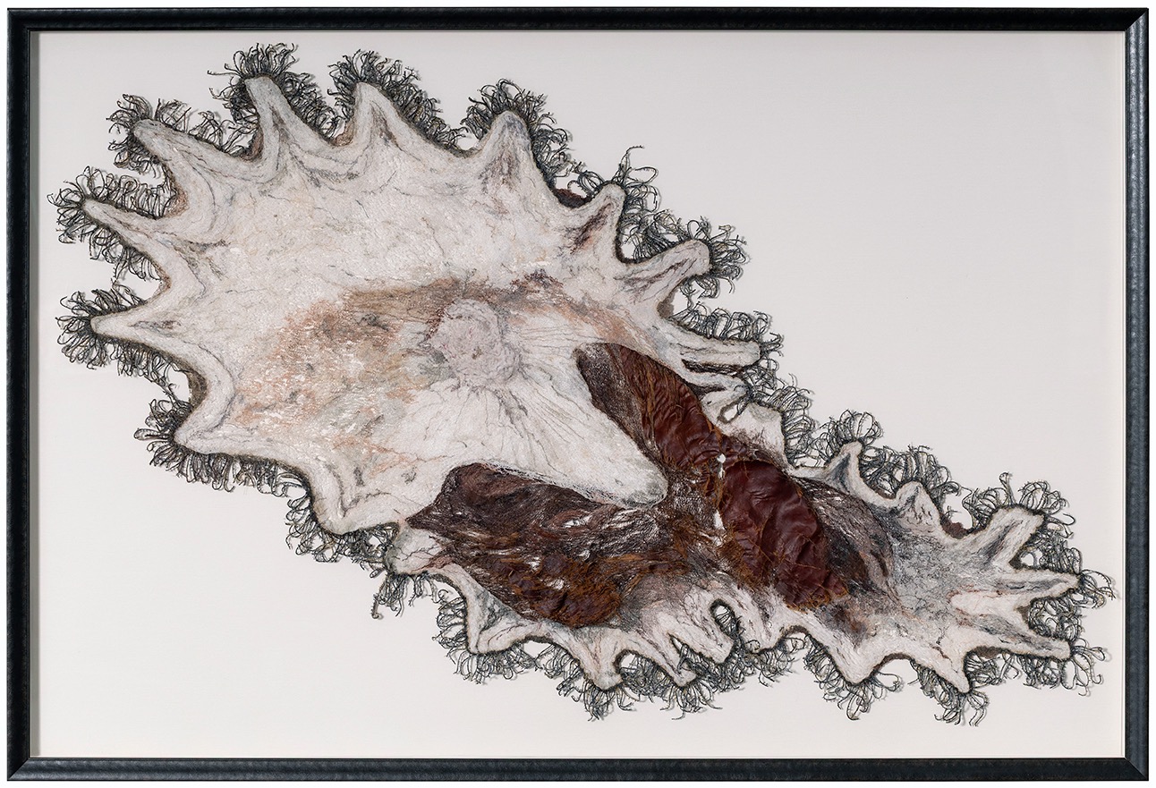 "A Prickly Matter, Indeed!" 2024, fiber art; rayon embroidery thread, palm bark, dryer lint, 42" h x 62" w x 2.5" d