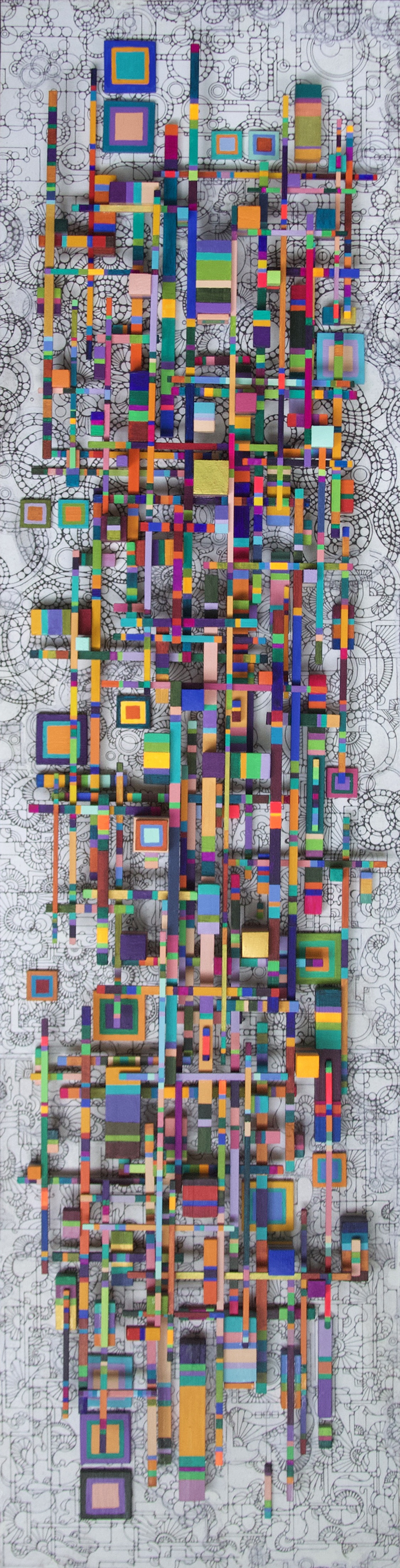 "Dazzle Ship VIII" 2025, mixed media on wood panel, 12” x 48" x 4"