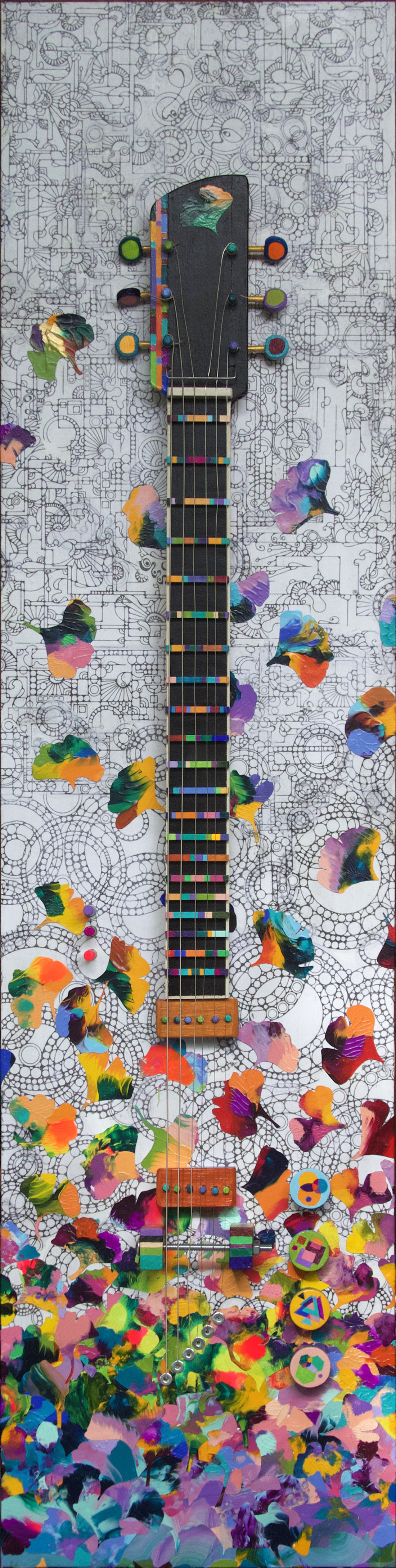 "Gingko Guitar" 2025, mixed media on wood panel, 12” x 48" x 4"