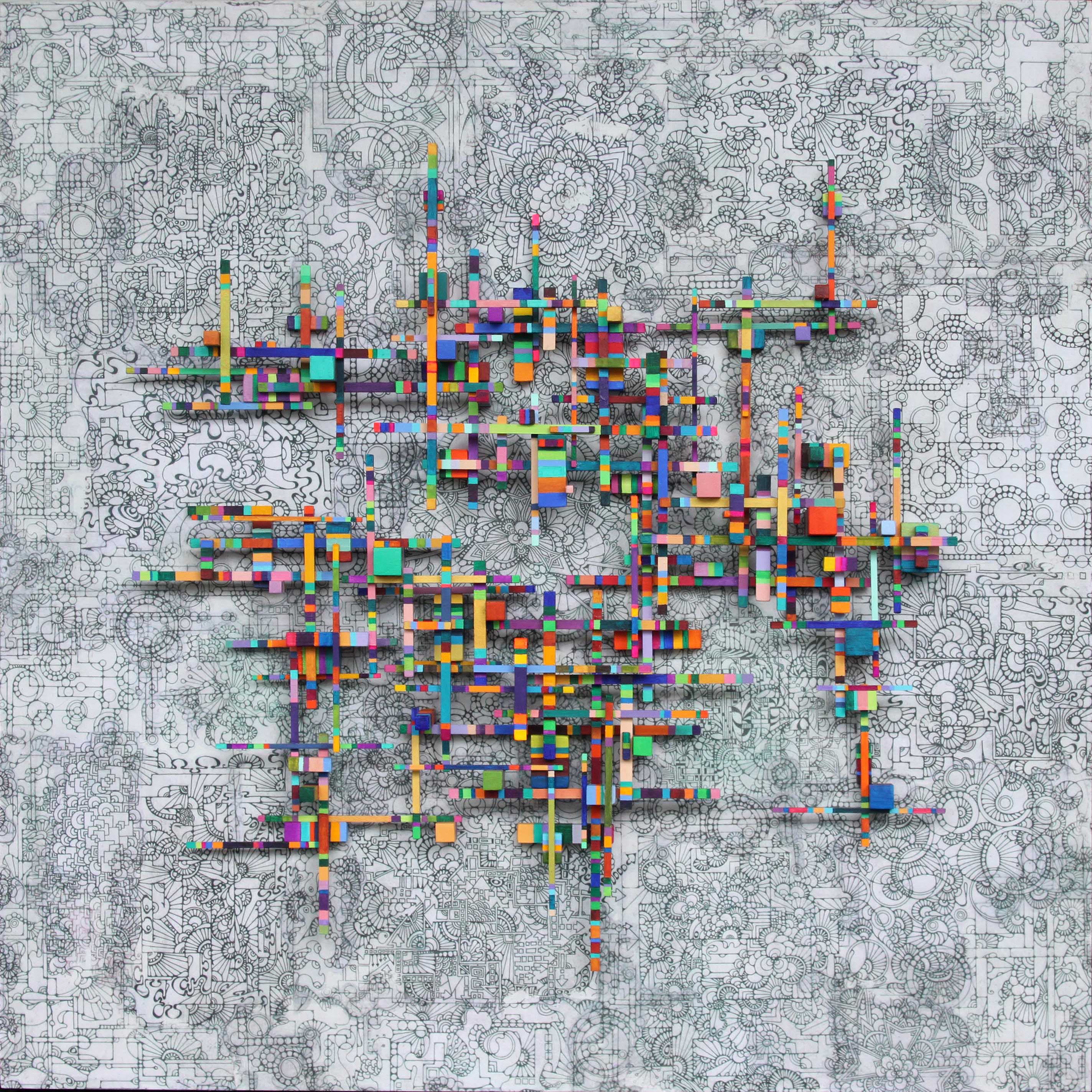 The Structure of Smoke, 2024, mixed media on wood panel, 30" x 30" x 4"