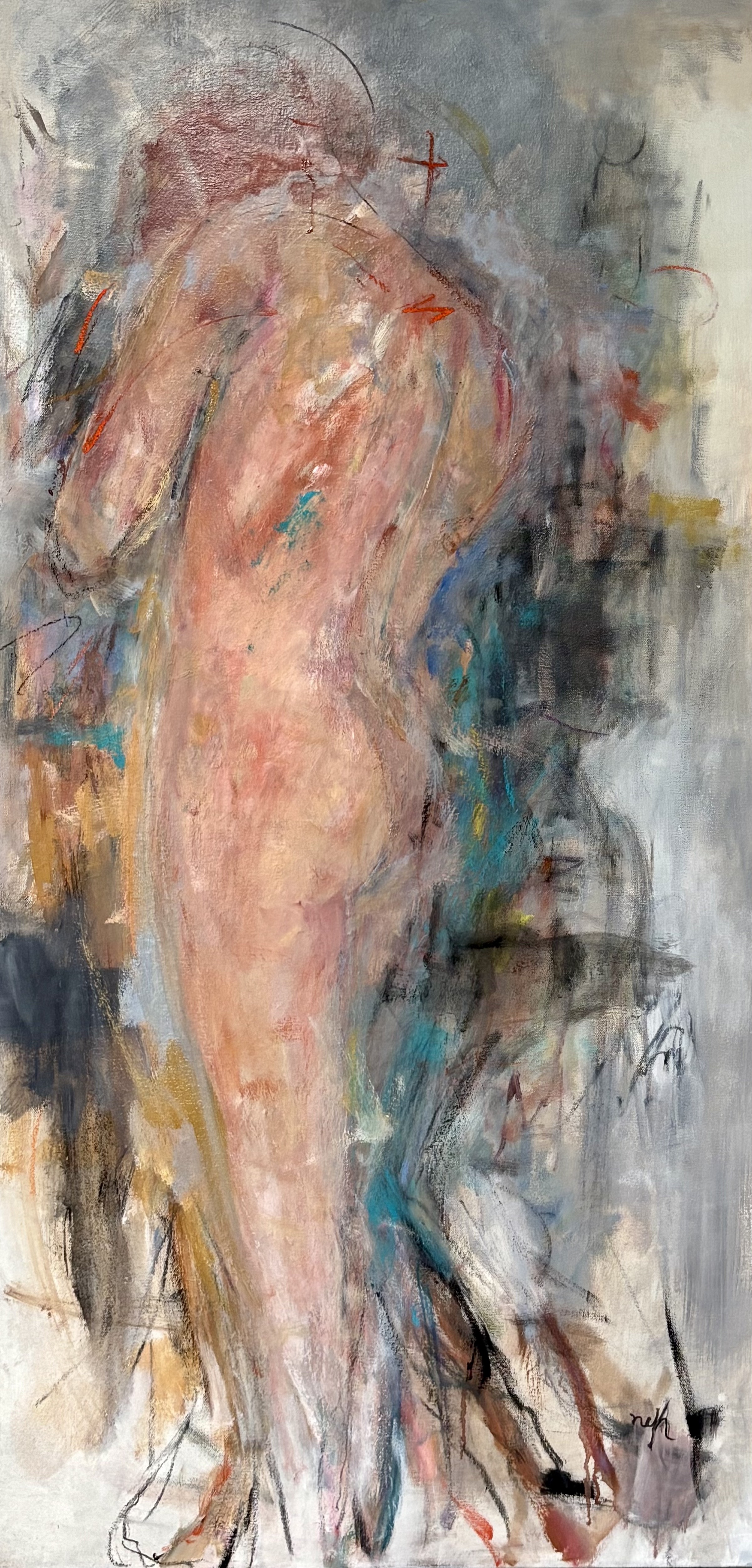 "Fallen" 2025, mixed media on canvas, 40" x 24" 