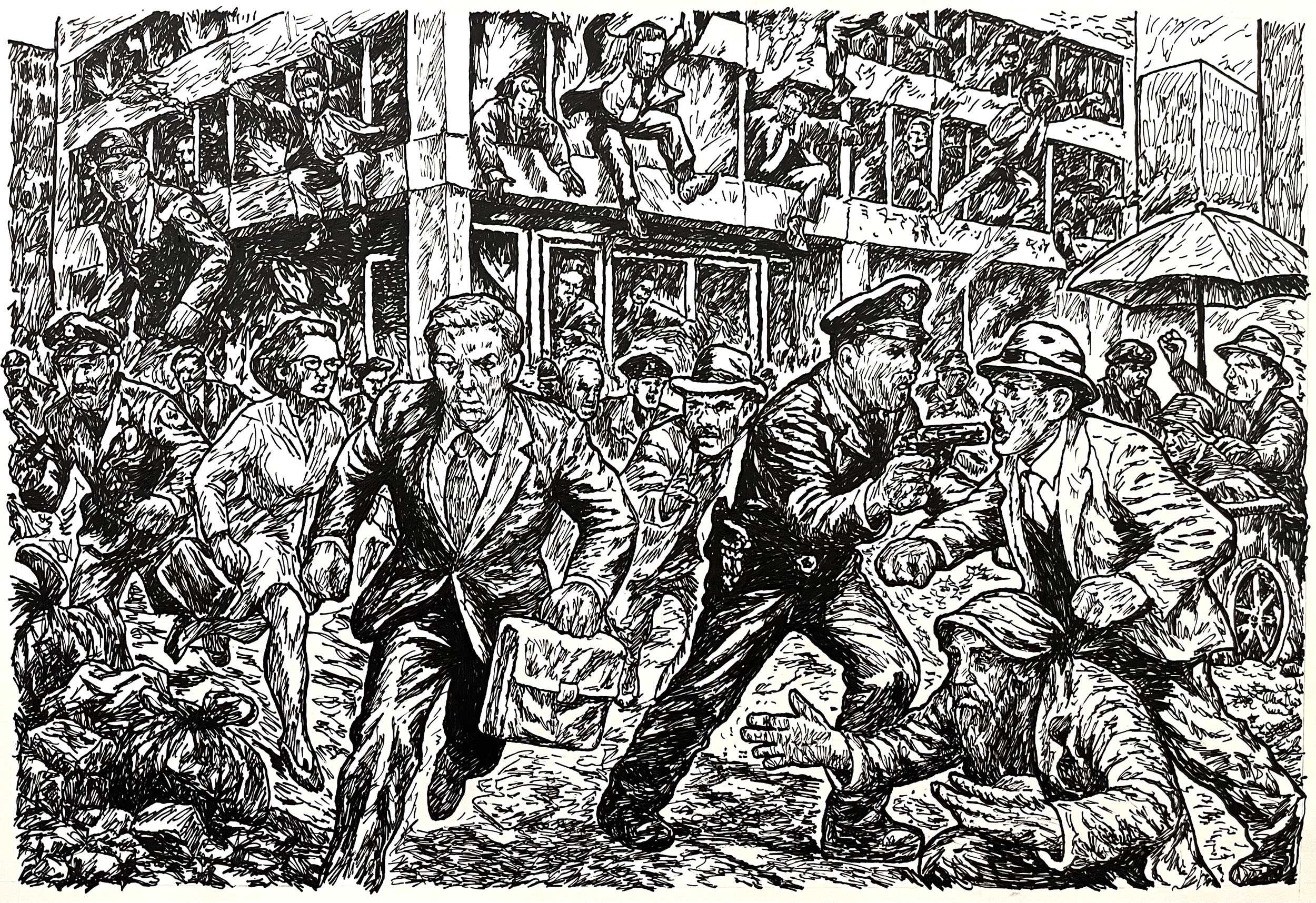 Send in the Troops, 2025, pen on paper, 14” x 22”