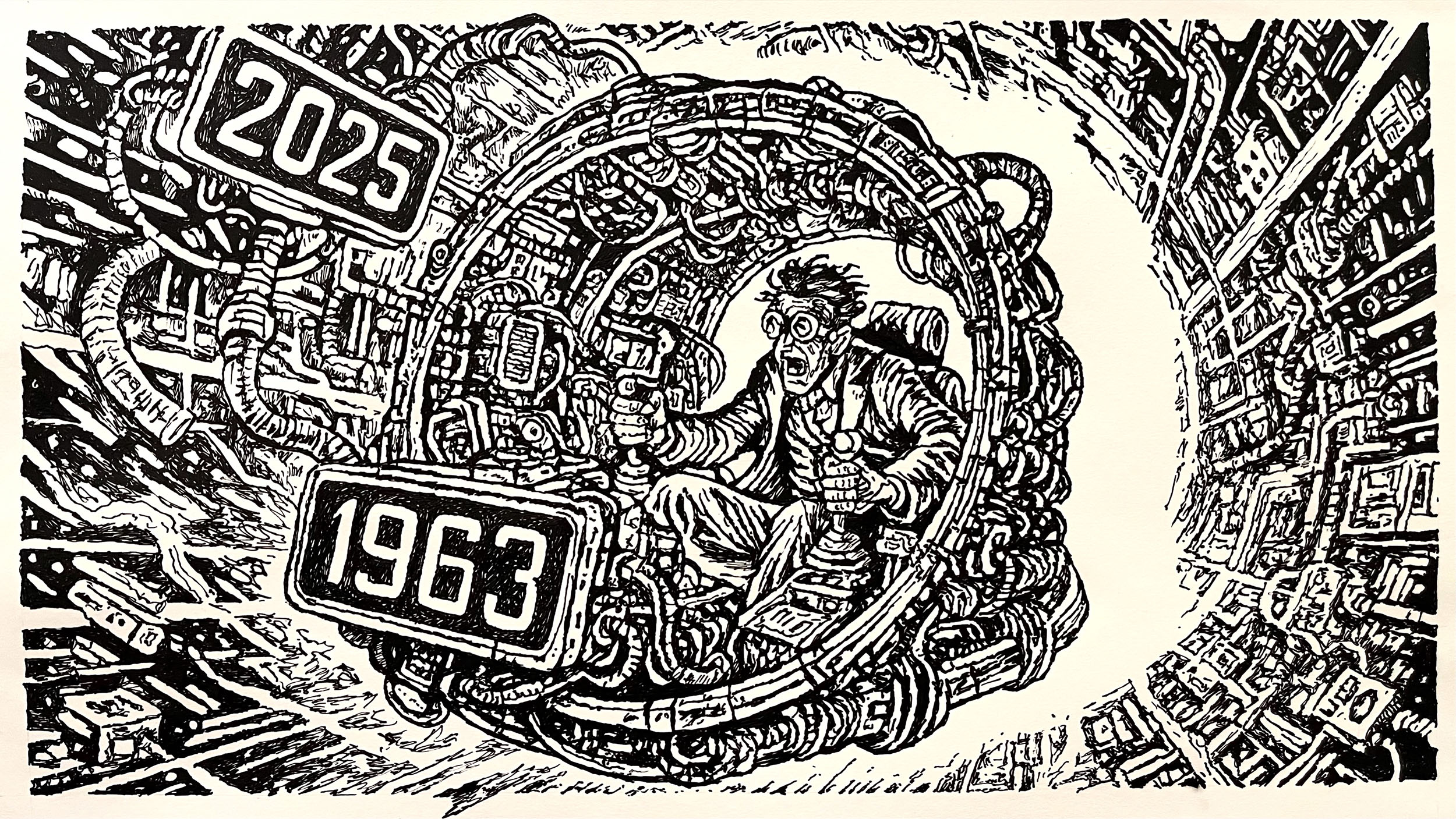 Full Speed to the Past, 2025, pen on paper, 14” x 22”