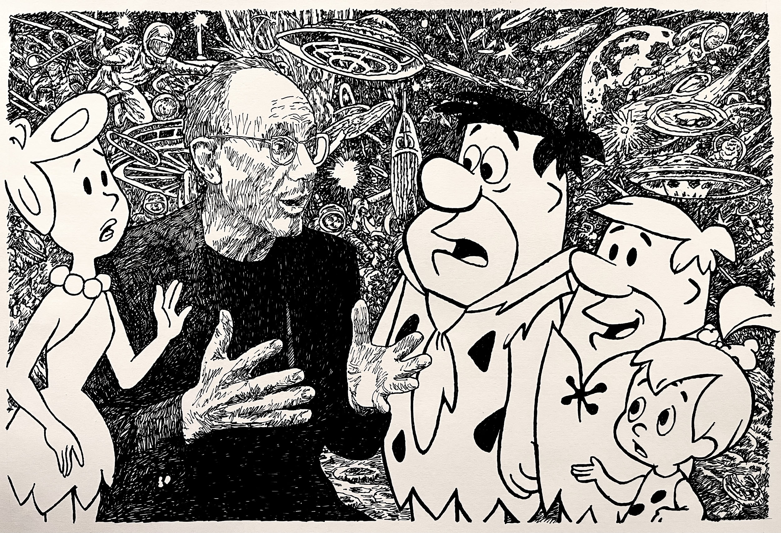 David Tells the Flintstones to be Prepared for the Future, 2025, pen on paper, 14” x 22”