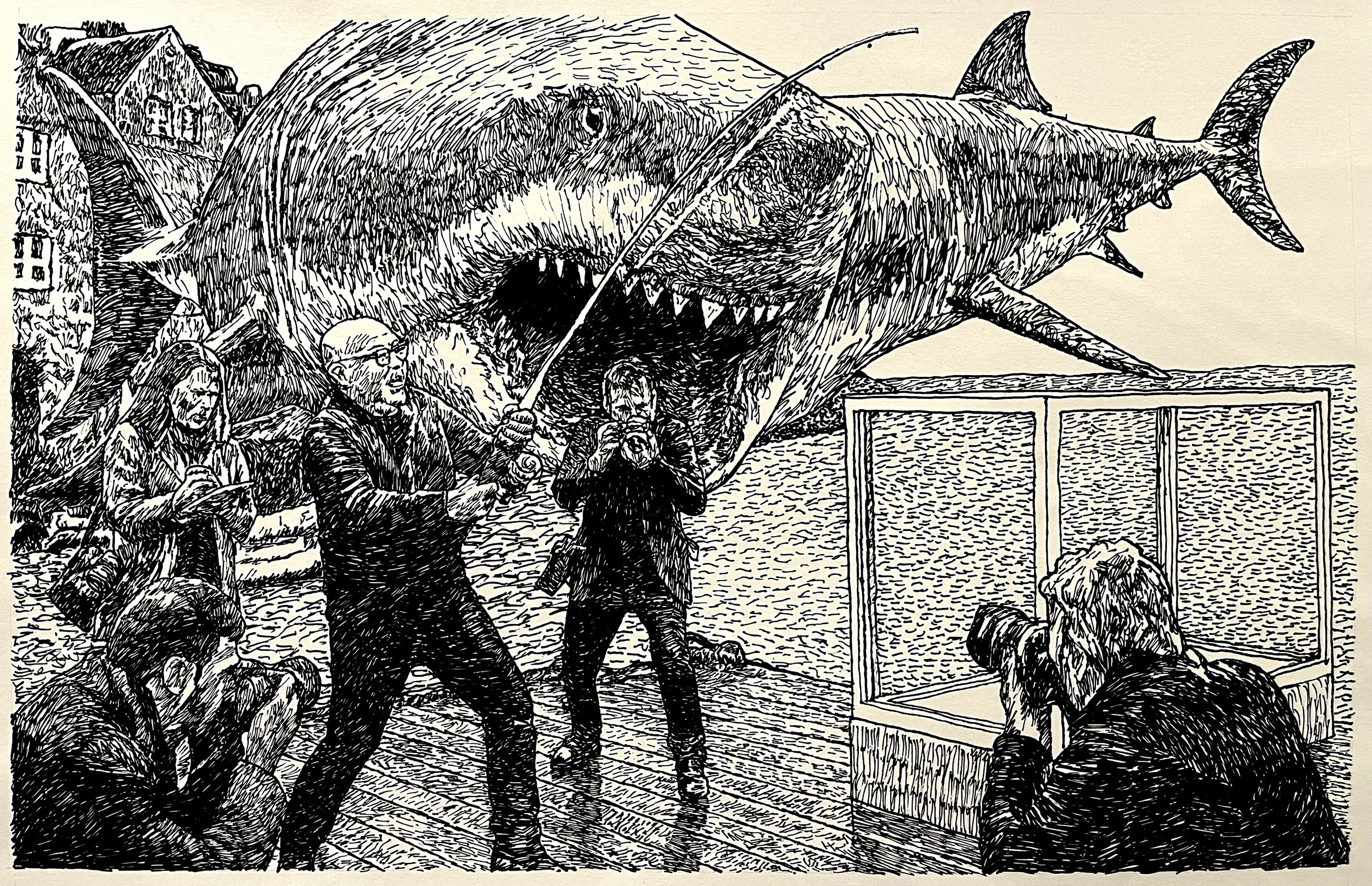 Damien…I Think You’re Going to Need a Bigger Tank, 2025, pen on paper, 14” x 22”