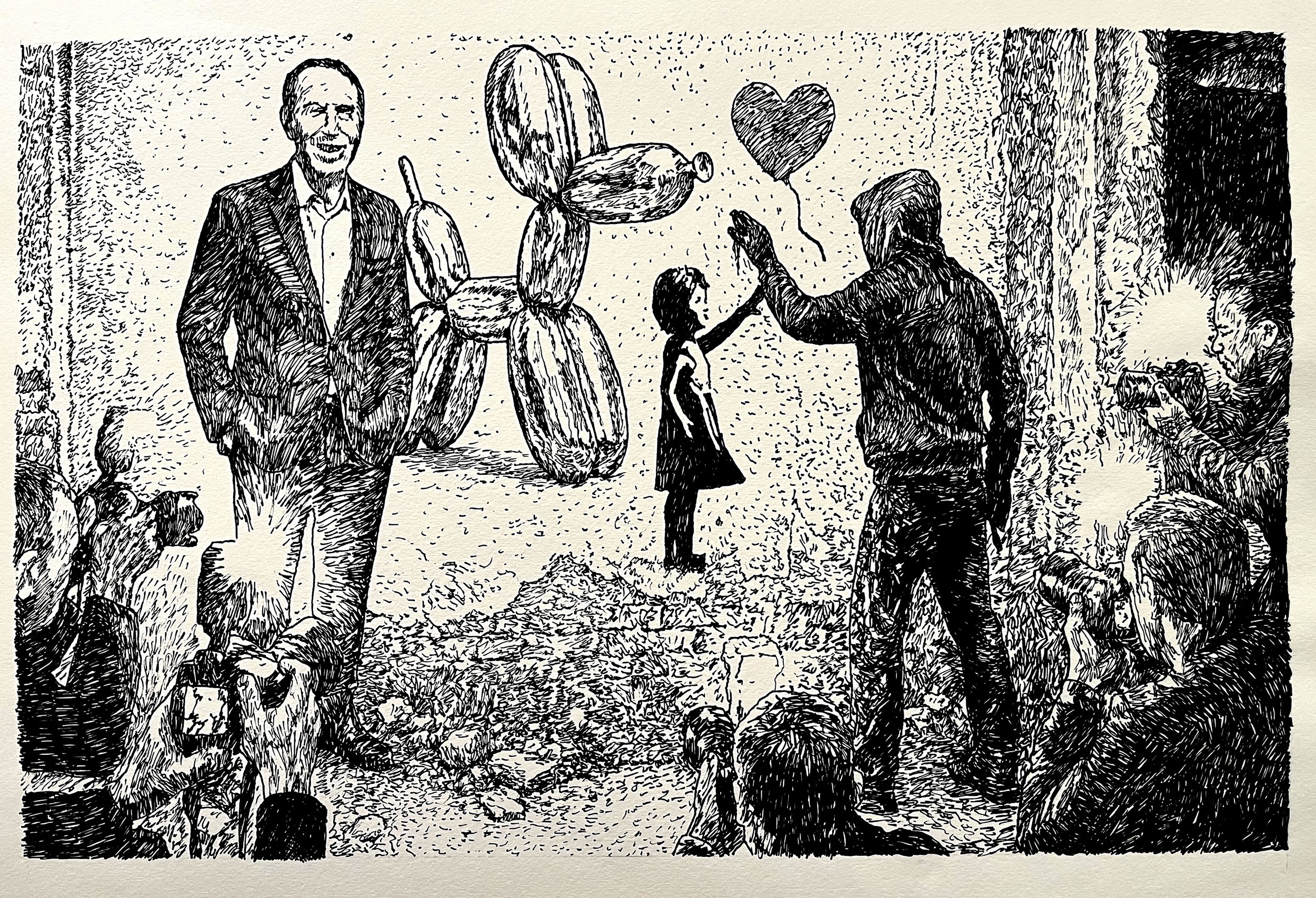  Balloon Boy Meets Mystery Man, 2025, pen on paper, 14” x 22”