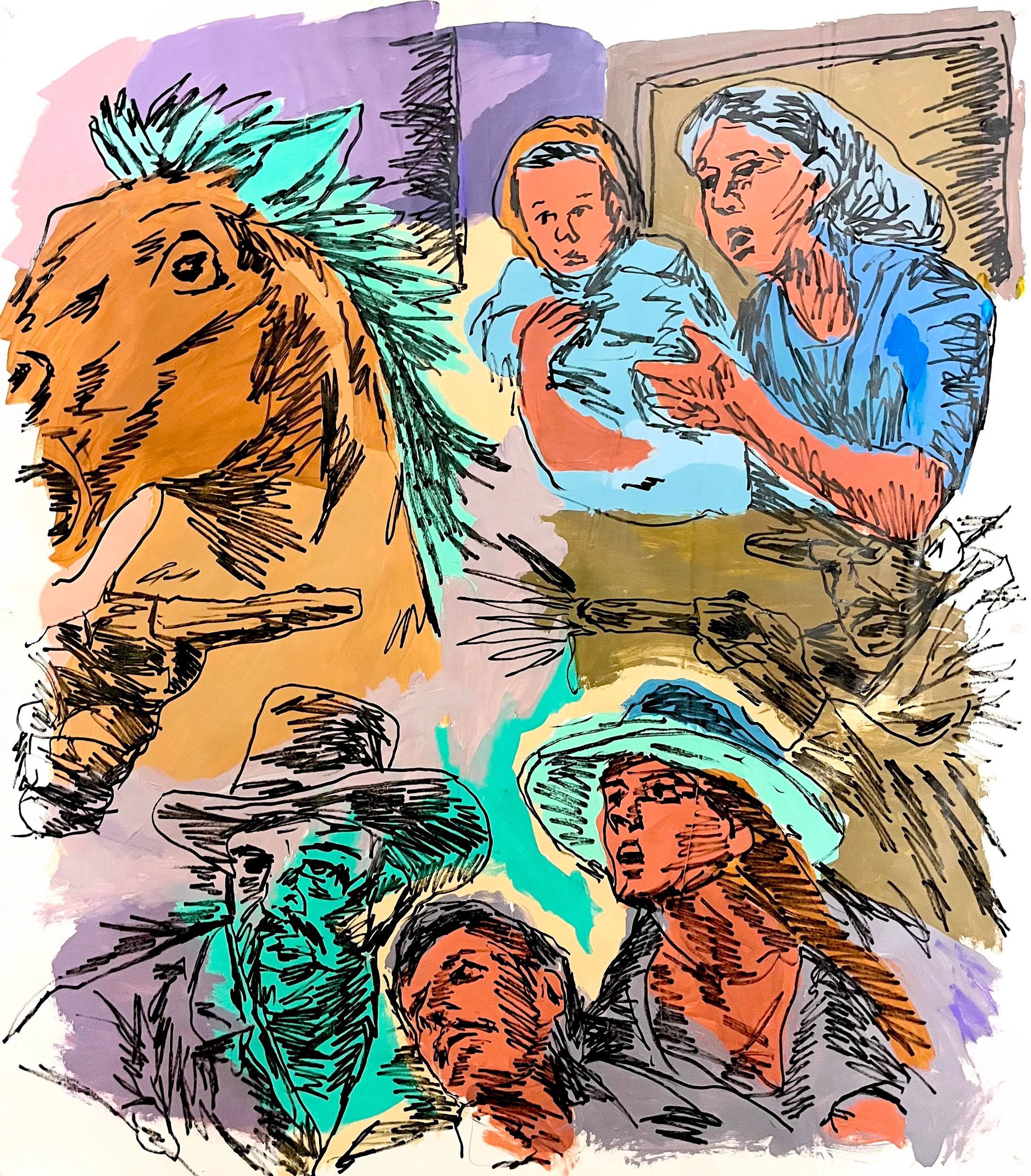 Save the Baby, 2025, acrylic pen and paint on paper, 44” x 36”