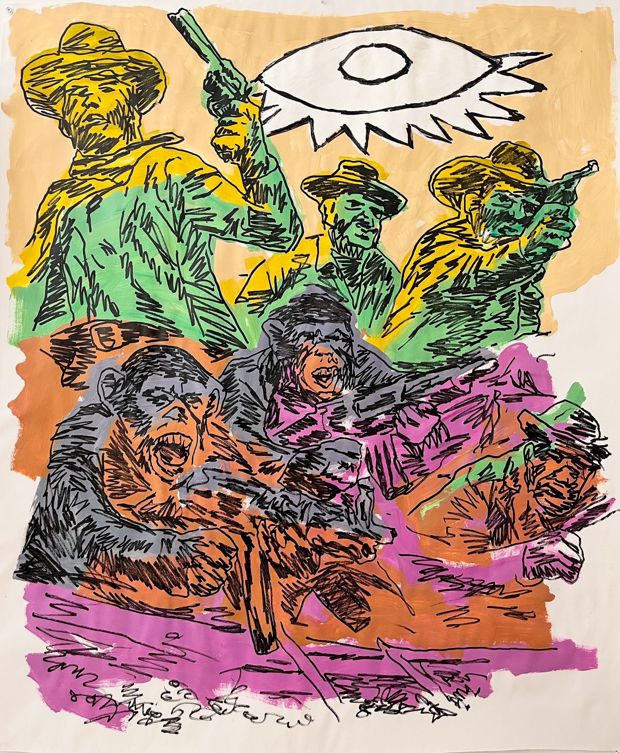 Cowboys & Chimps with Machine Guns, 2025, acrylic paint and pen on paper, 48” x 36”