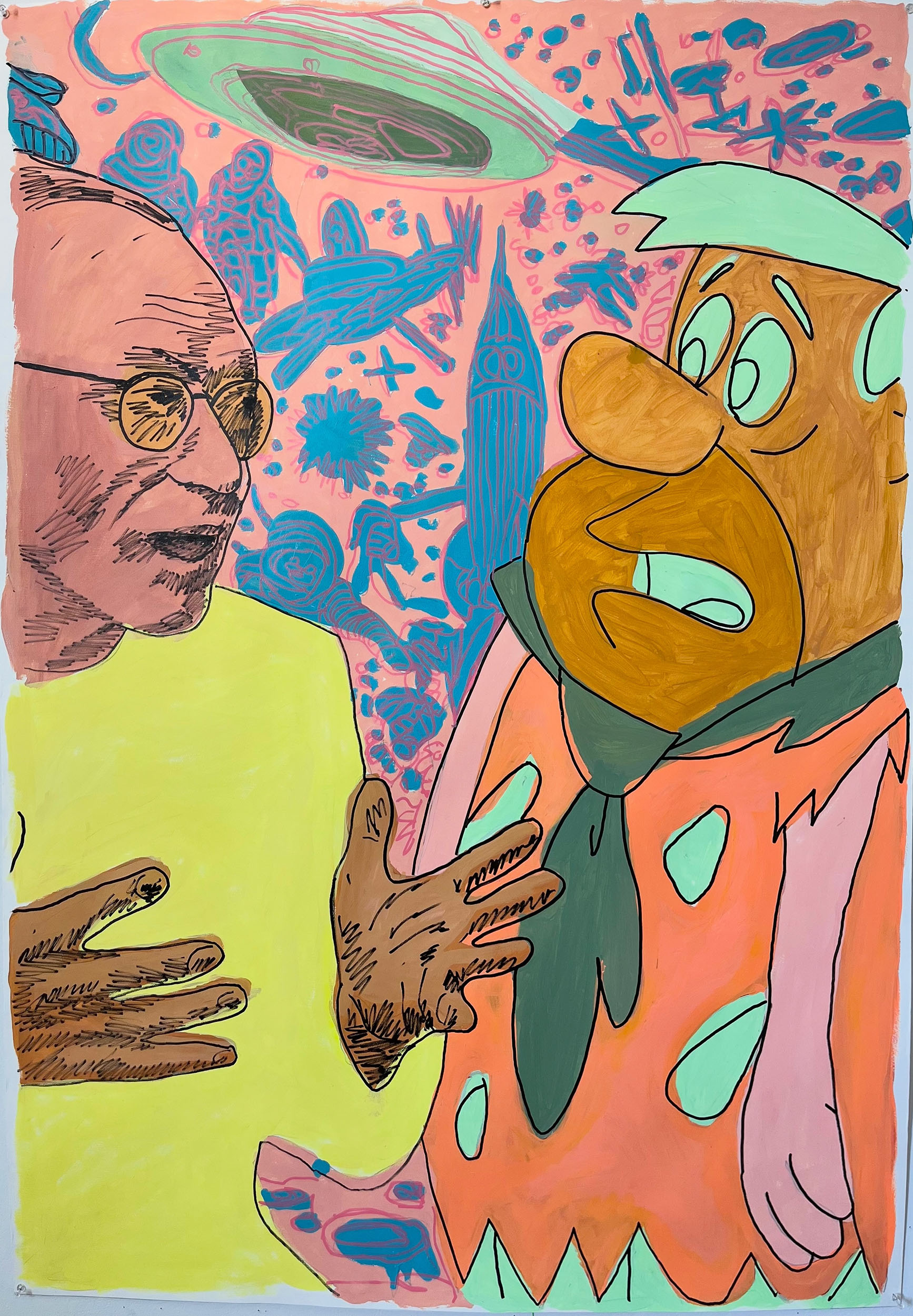 David Explains the Future to Fred, 2025, acrylic paint and pen on paper, 48” x 36”
