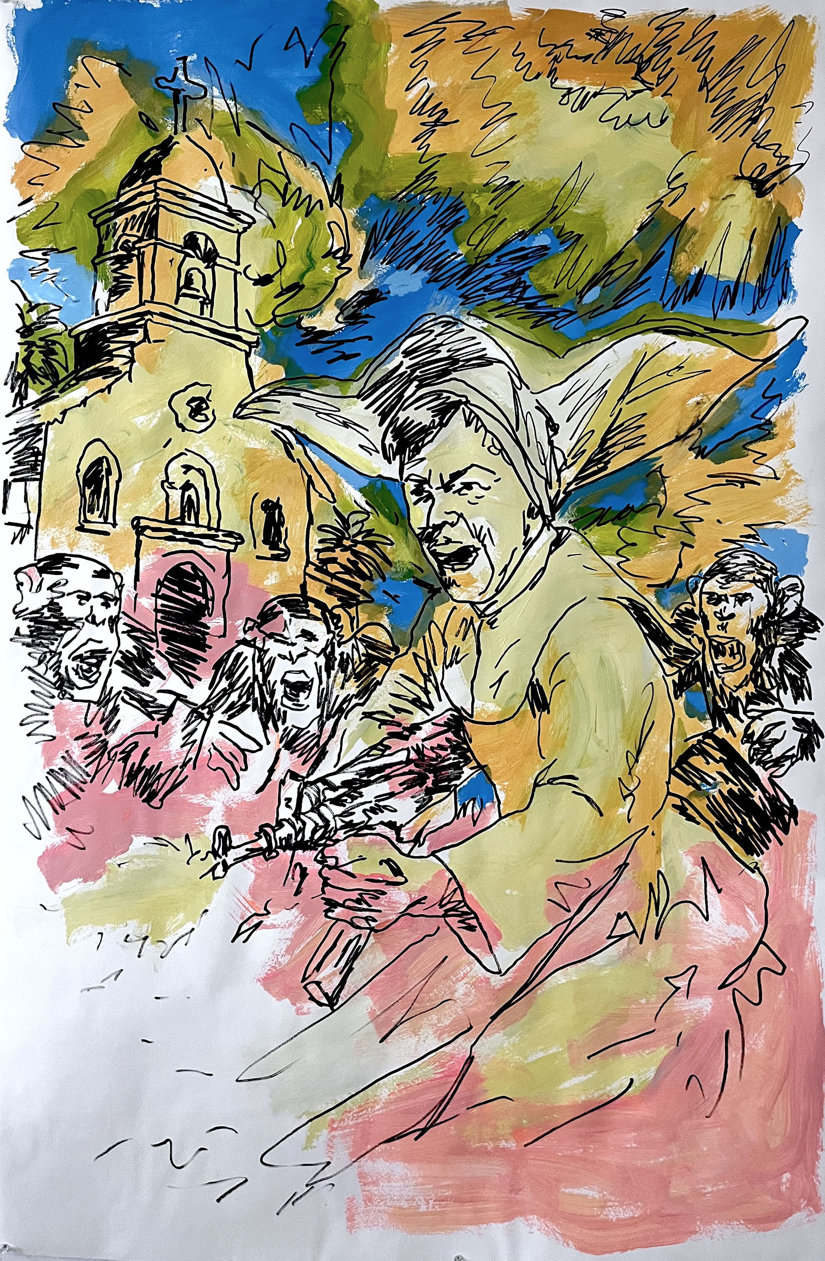 Defends the Faith, 2025, acrylic pen and paint on paper, 48” x 36”