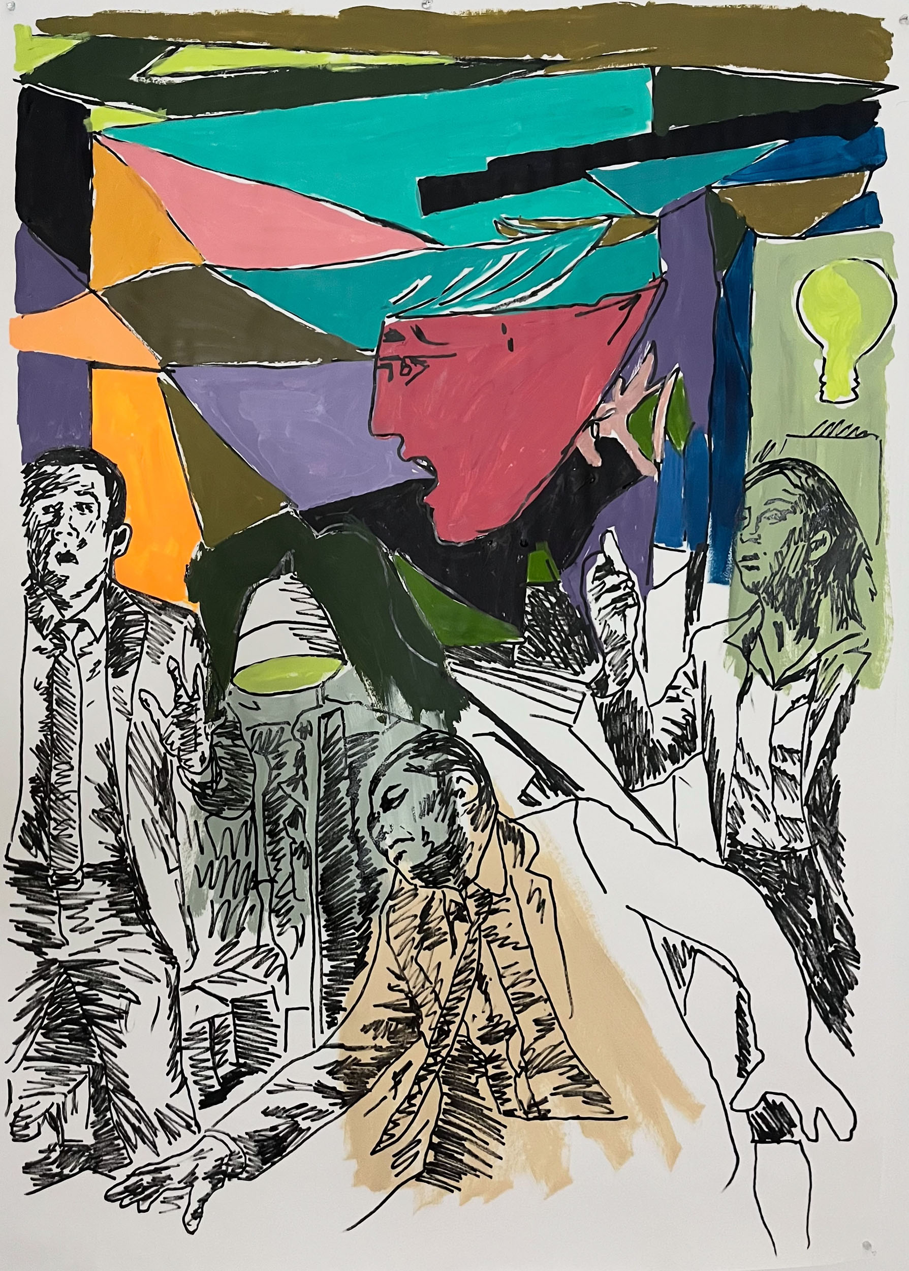Guernica mon Amor, 2025, acrylic paint and pen on paper, 48” x 36”
