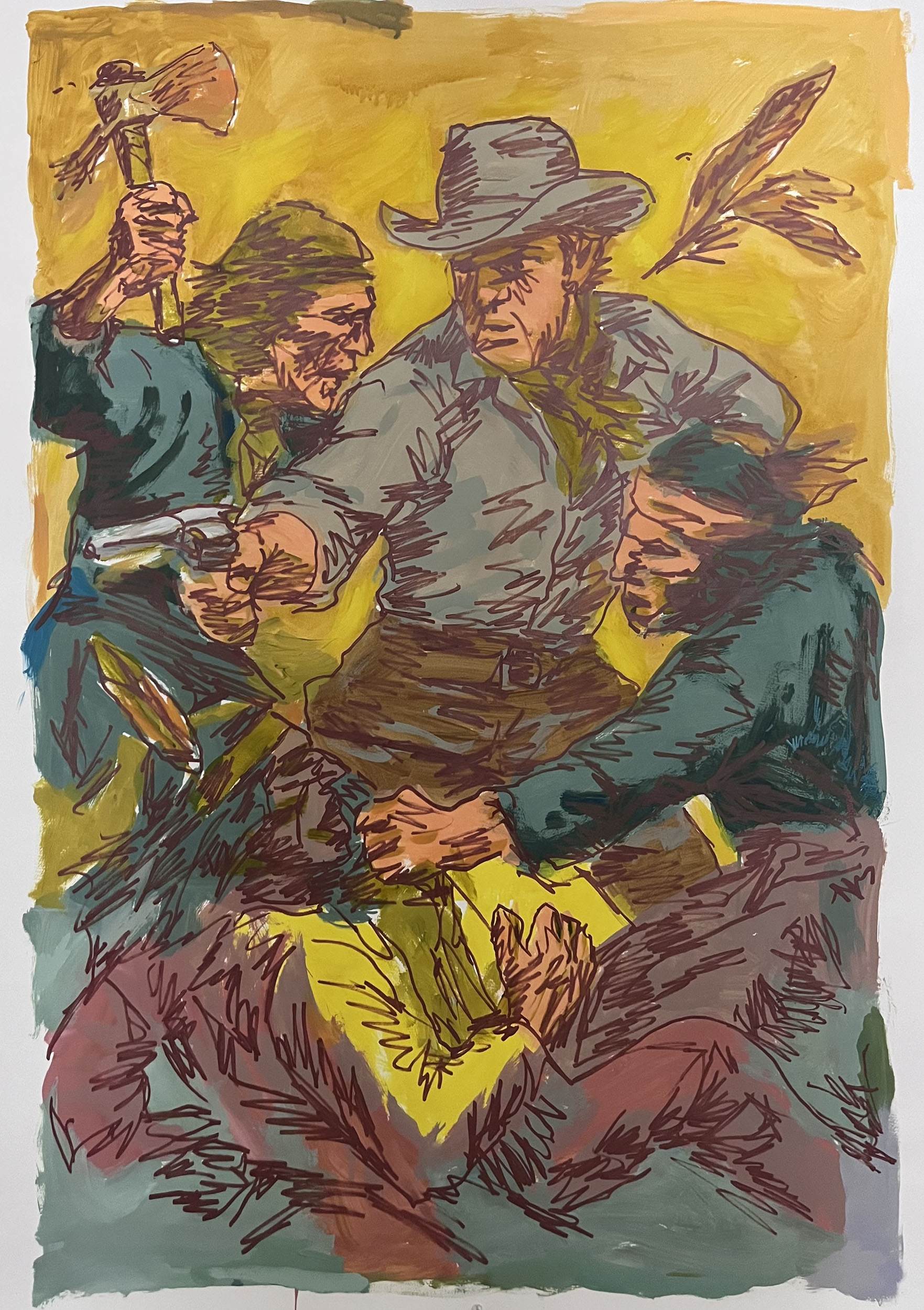 Why Can’t We Be Friends?, 2025, acrylic pen and paint on paper, 44” x 32”