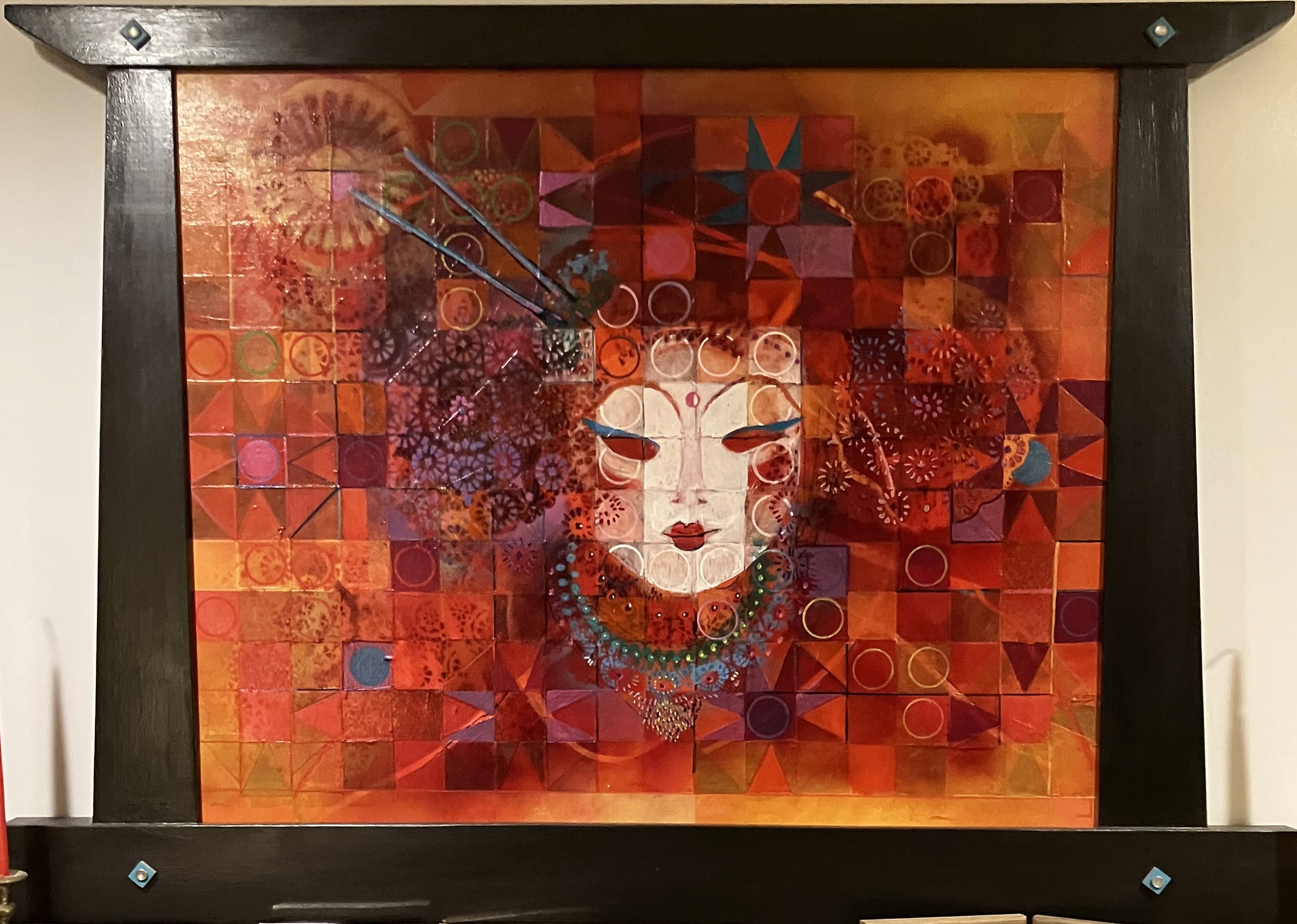 "Red Cindy" 2013, painting, oil and cloth squares on canvas, 42” w  x 36” h