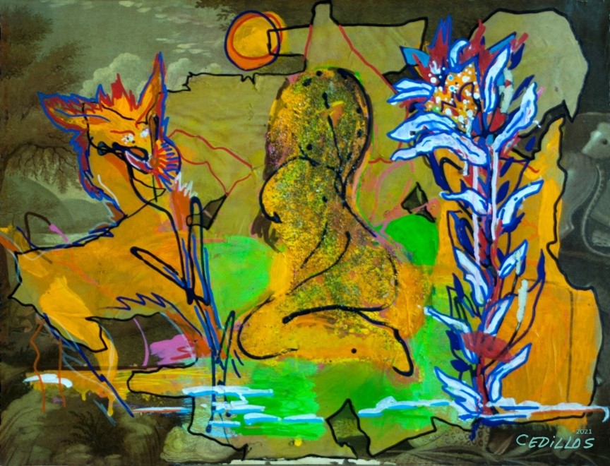 "Fawn and Woman" 2018, painting, oil, acrylic paints, collage, terra cotta markers, glitter glue, 23” h x 29” w