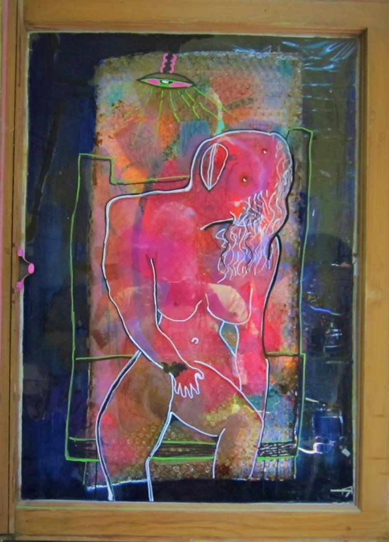 "Modesty Shines" 2010, painting, spray enamel, acrylic paints, honeycomb bubble wrap, terracotta markers, and gel on discarded window, 23" w x 32" h 