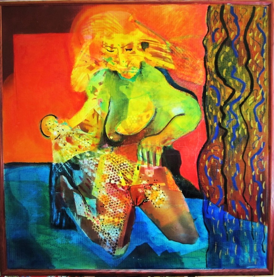 "Jacuzzi Lady" 2011, painting, latex, acrylic, and oil paints, suede and enamel sprays, and terracotta markers on corrugated cardboard 42" h x 41" w