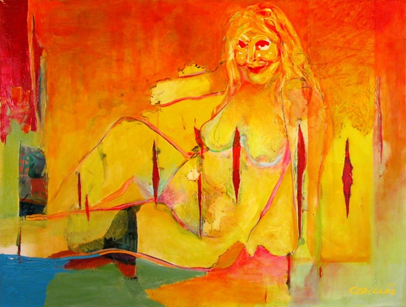 "Fire Girl" 2011, painting, mixed media on canvas, 48” w x 36” h