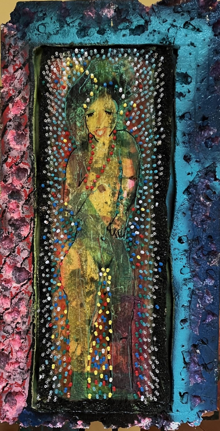 "Pushpin Beauty" 2019, construction, 3" thick slab of Styrofoam, various colors of cellophane wrap, enamel spray paints, terracotta markers, and multi-colored pushpins, 46" h x 24" w